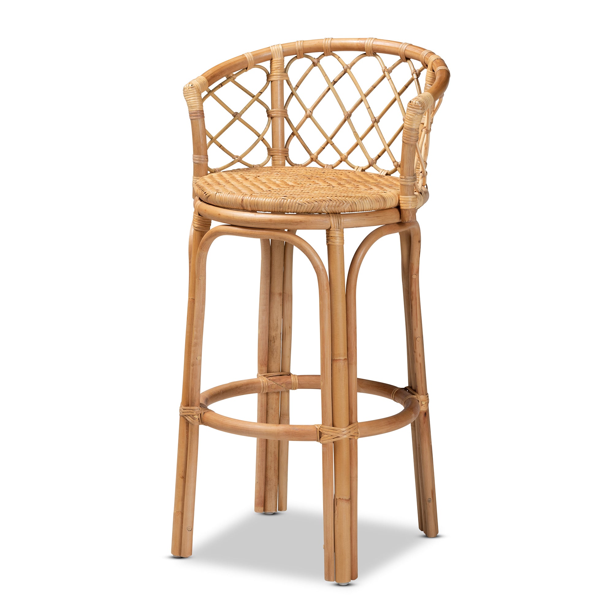 Bar Stool, Natural Rattan Boho with Curved Lattice Back