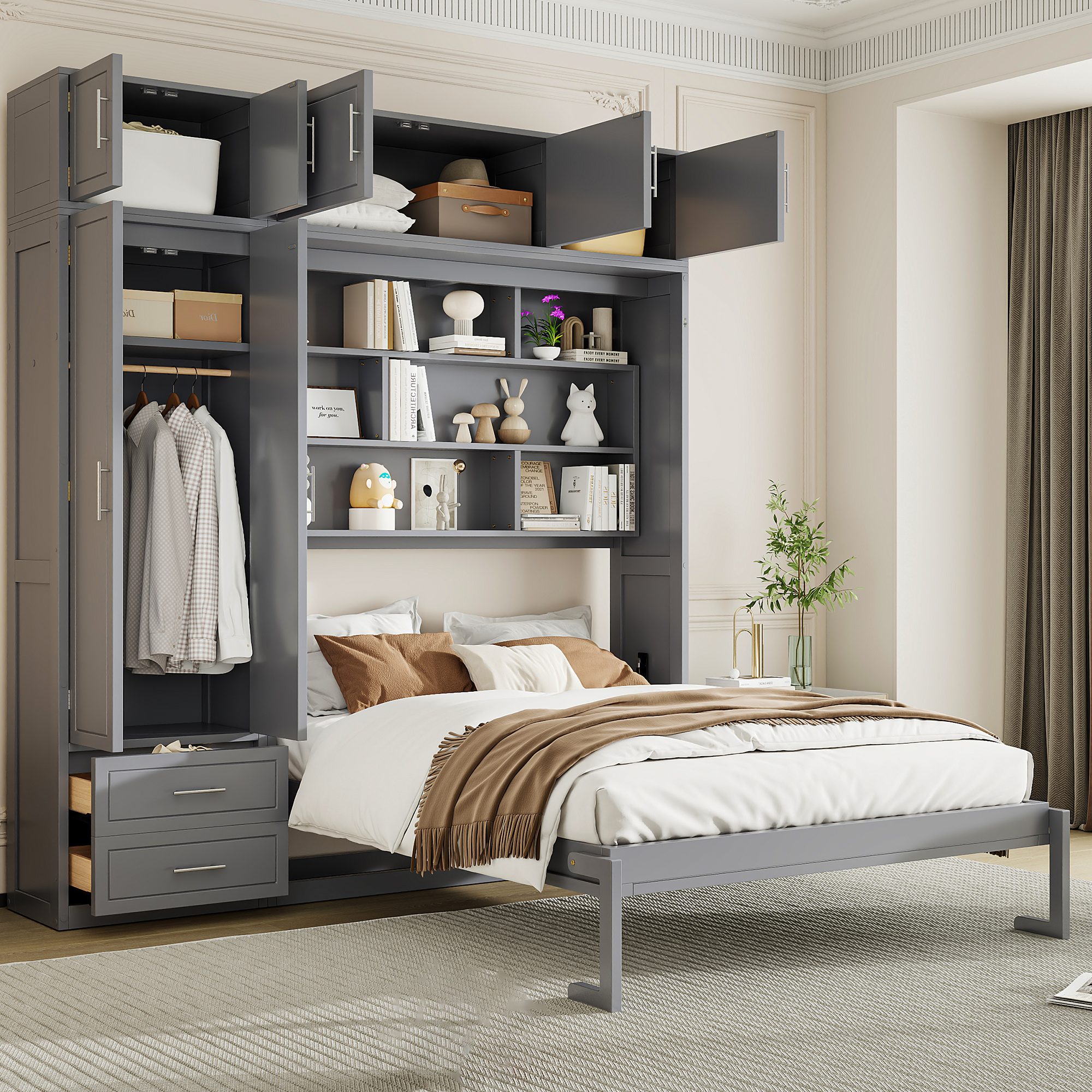 Queen Murphy Bed with Wardrobe, Shelves and Drawers, Gray
