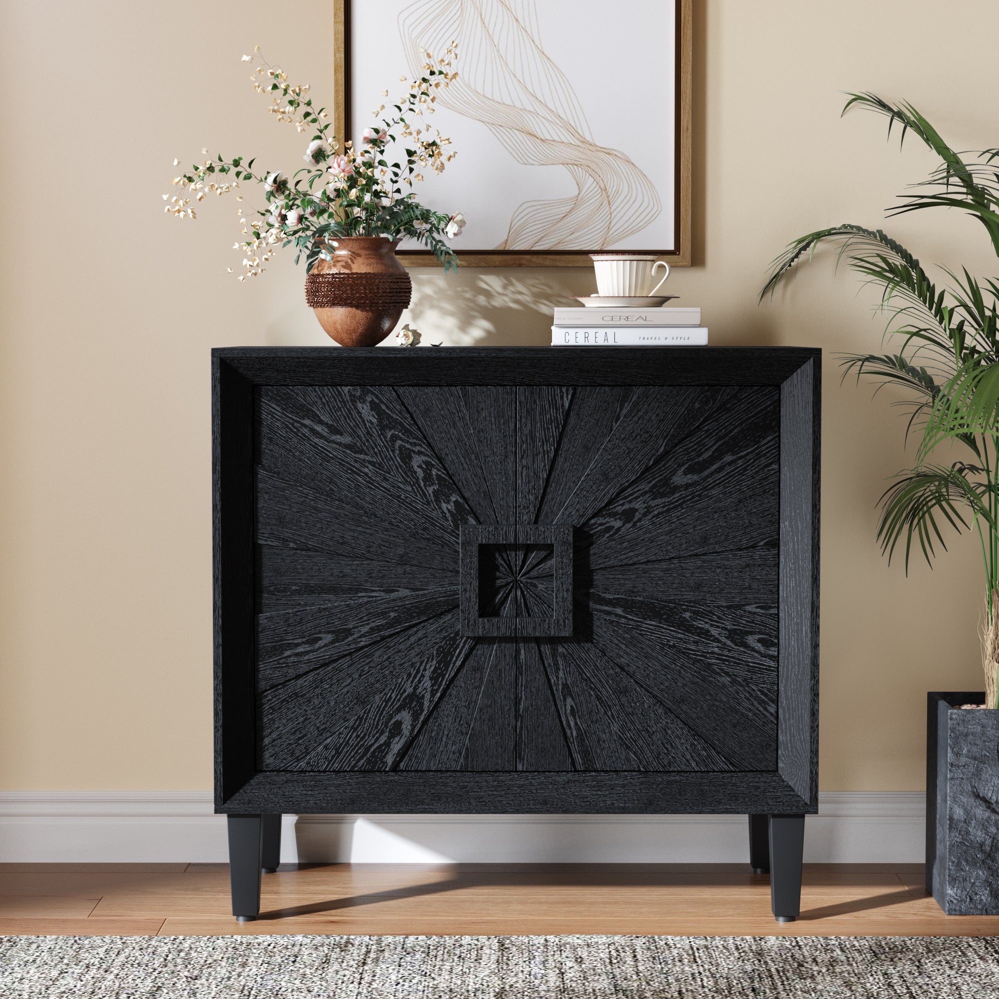 Mid-Century Sideboard Credenza, Black, 31.5 in Sunburst 2-Door