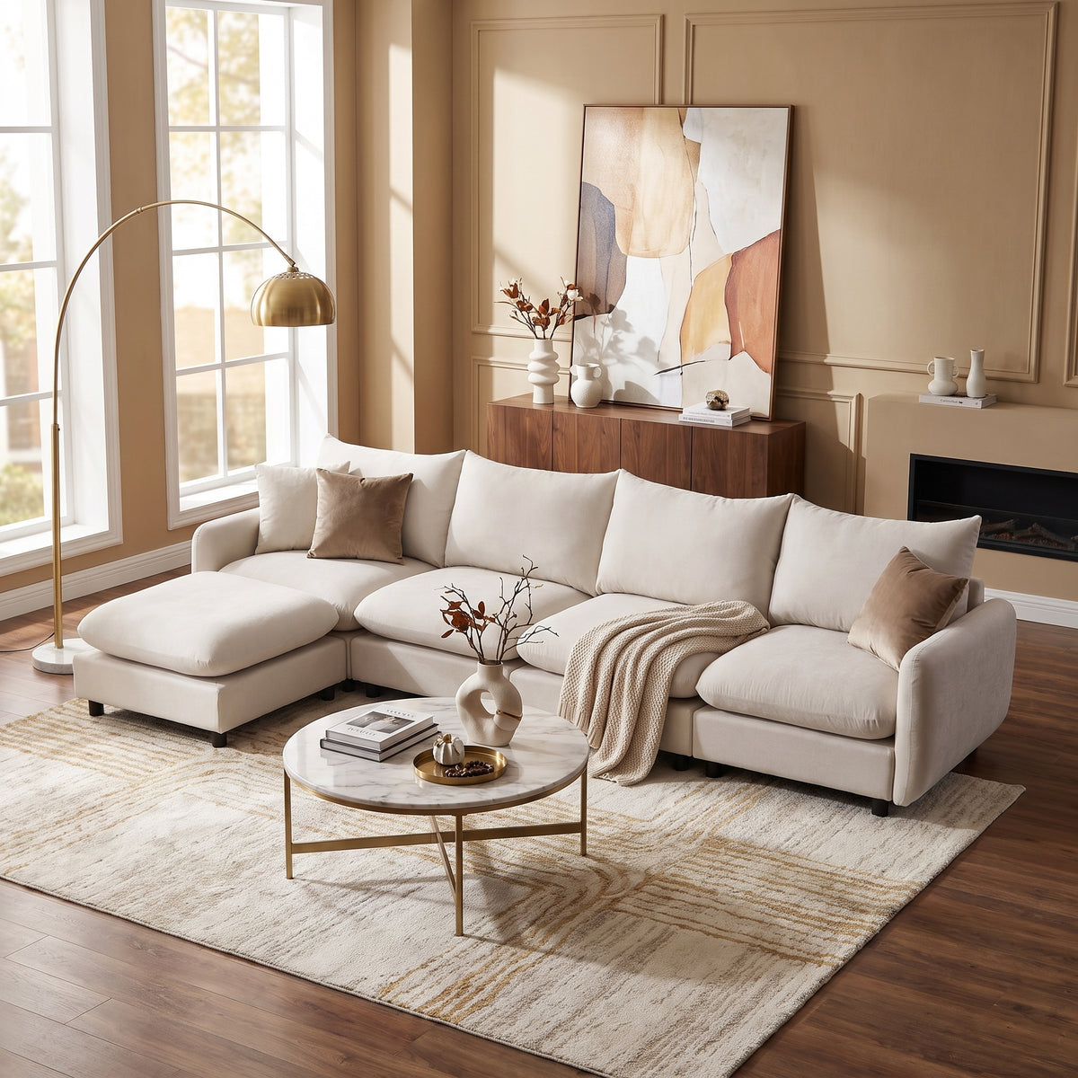 White L-Shaped Modular Sectional Couch with Ottoman, 130 in Wide