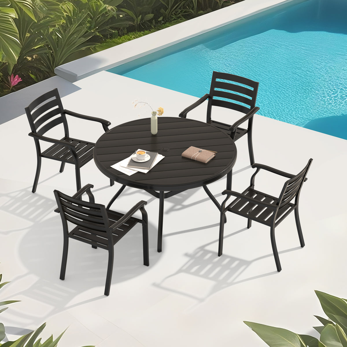 Black Metal 5-Piece Patio Dining Set for 4 with Stackable Chairs