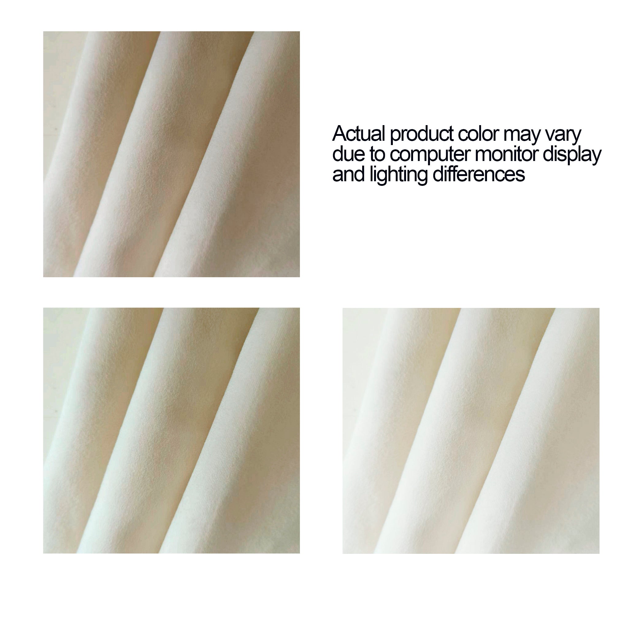 Close-up of ivory velvet fabric folds with a note that actual color may vary by display and lighting