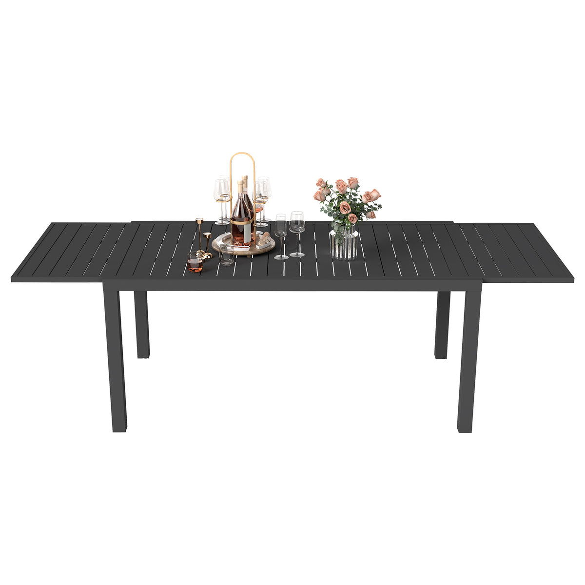 Black Aluminum Outdoor Dining Table Extendable, 65.2 in Wide