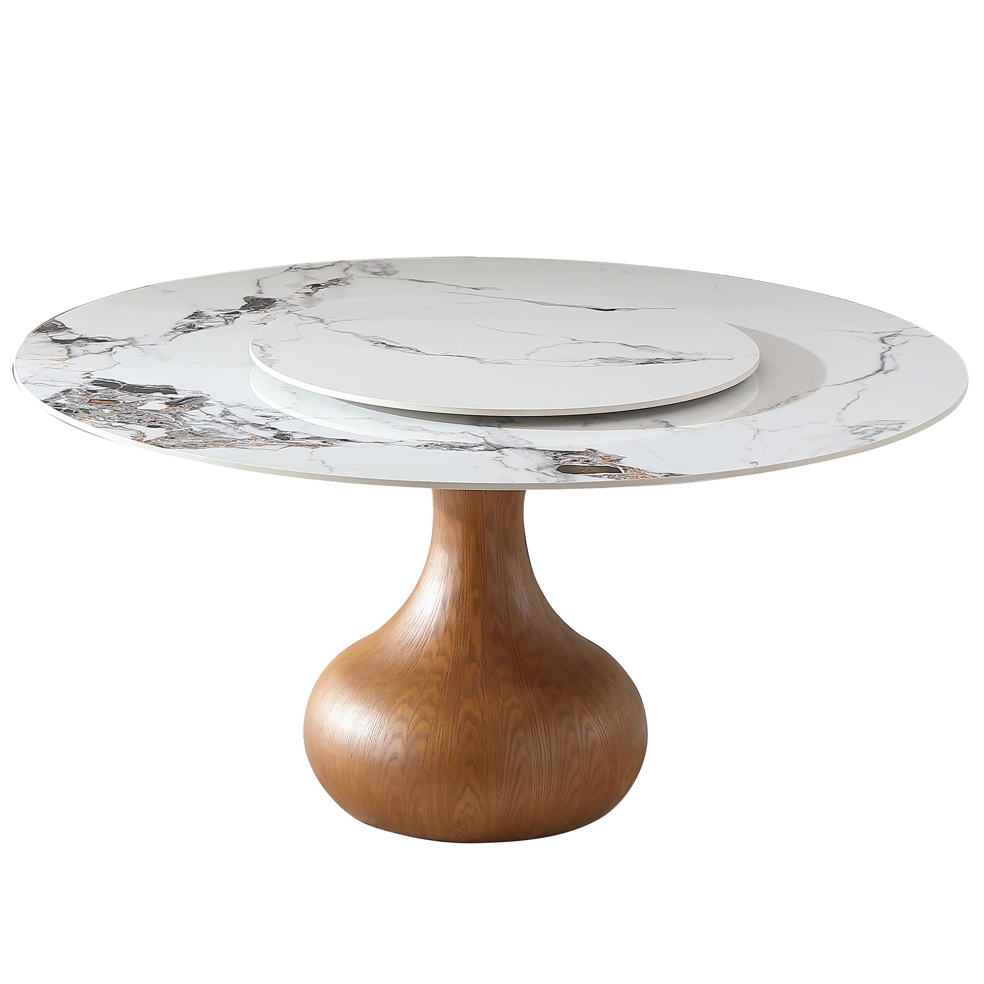 White sintered stone round dining table with a center turntable and wood urn pedestal on a white background