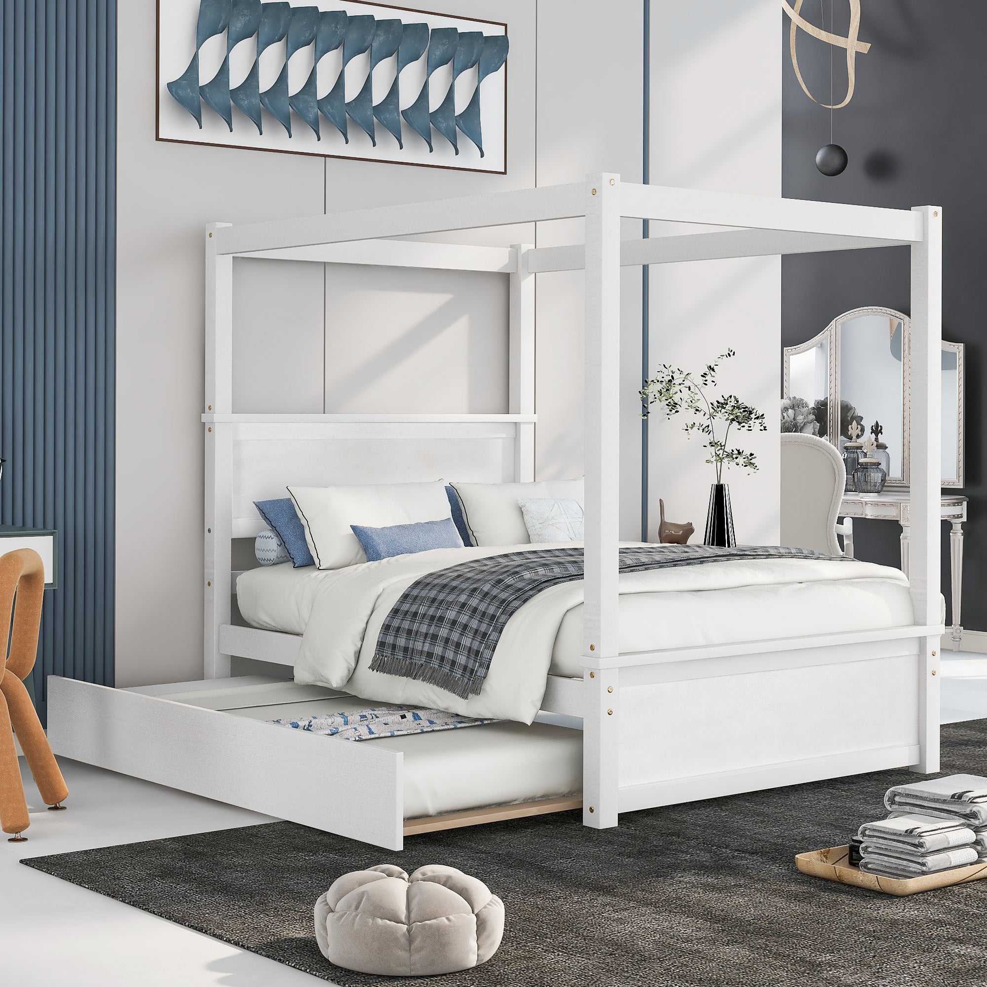 Solid Wood Full Canopy Bed with Trundle, Brushed White