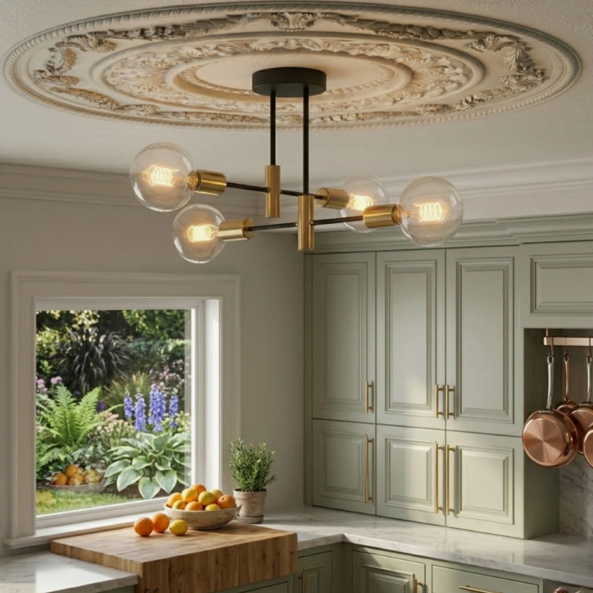 Chandelier with 4 Metal Lights in Black and Gold