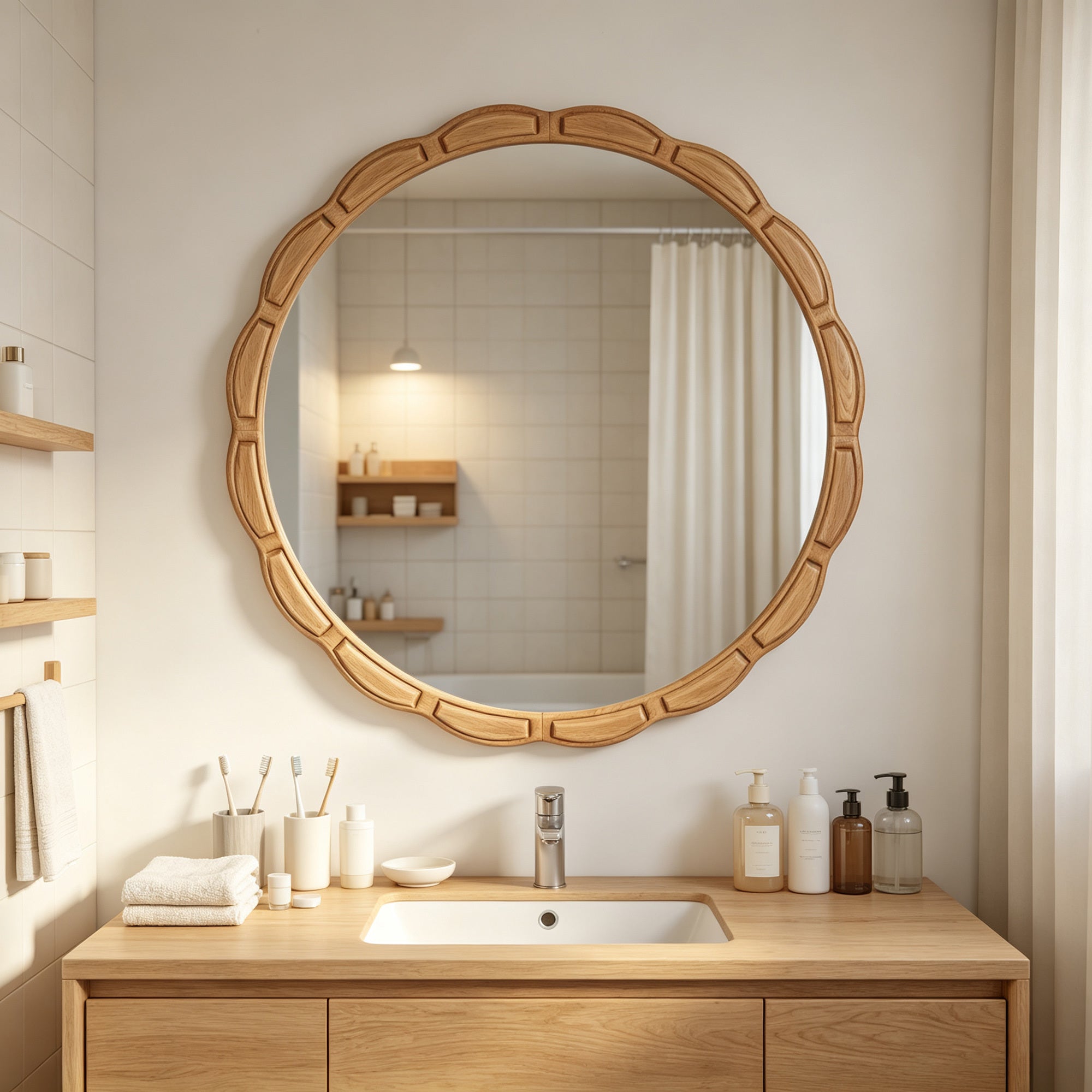 31 in Round Wood Mirror, Natural Farmhouse Finish