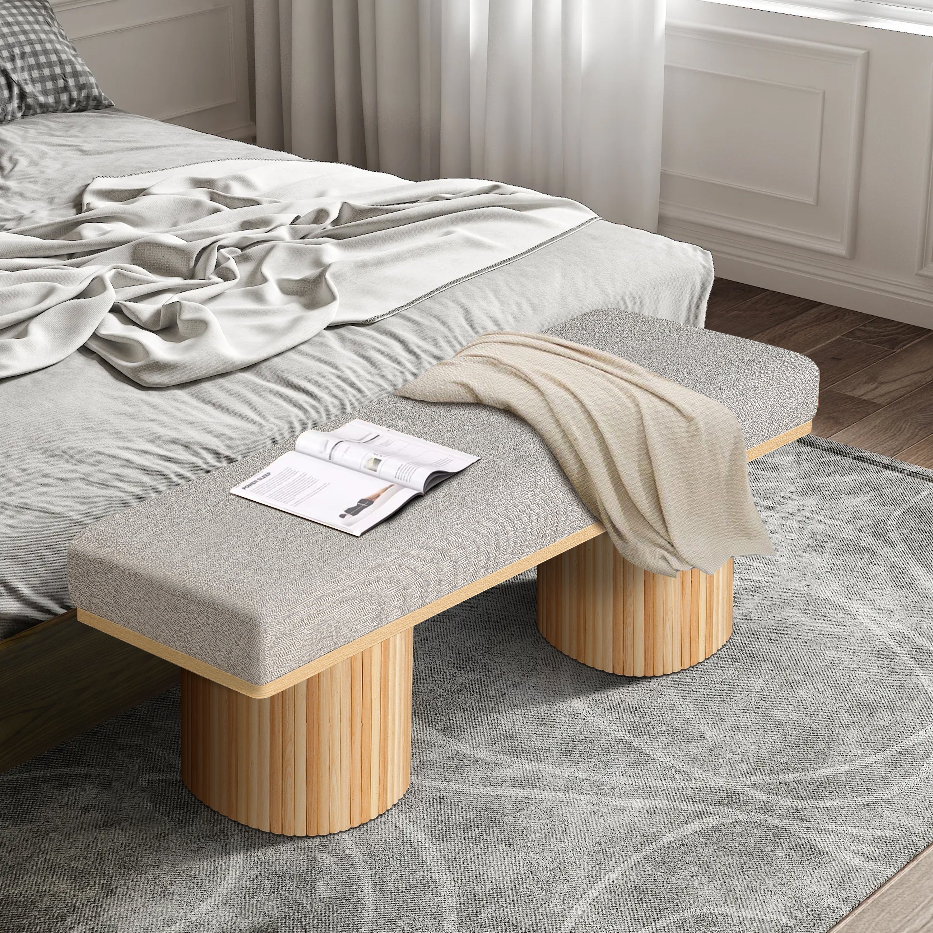 Boucle Bench, 48 in Light Grey with Fluted Wood Legs