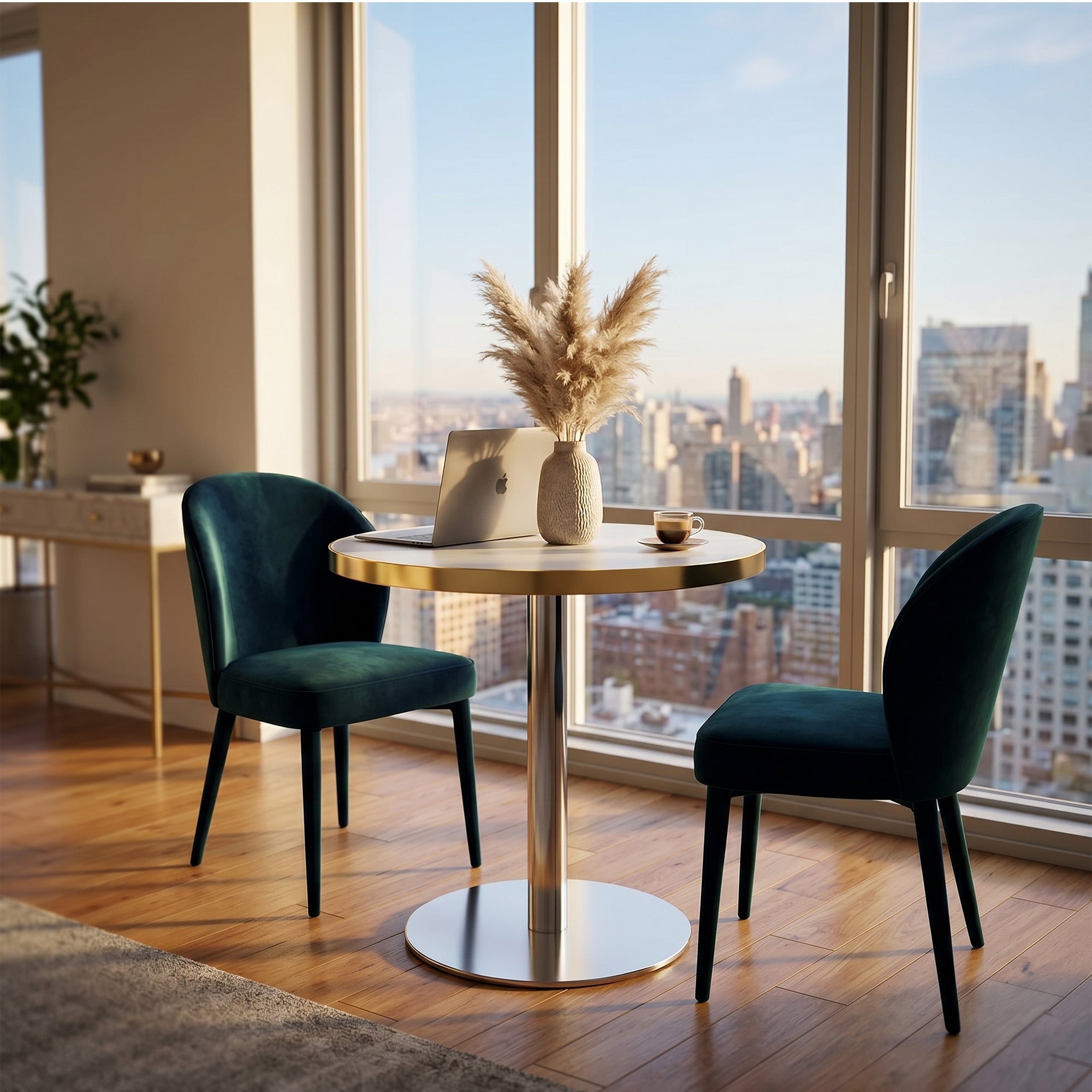 White faux marble bistro table with chrome base in a city-view apartment, green velvet chairs and laptop