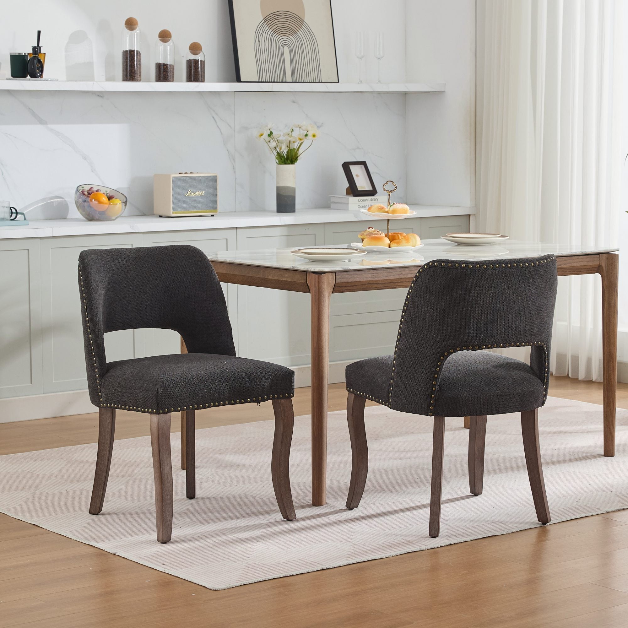 Wood Dining Chairs Set of 2, Black Fabric with Nailhead Trim