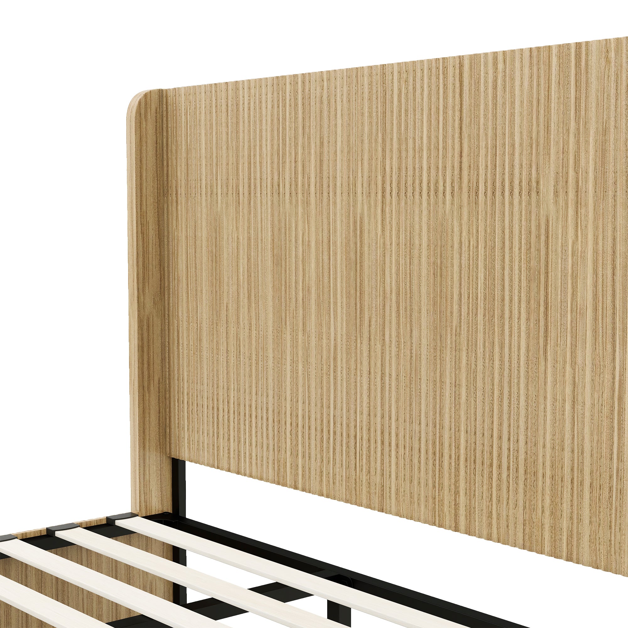 Close-up corner detail of fluted wood headboard grain and rounded edge