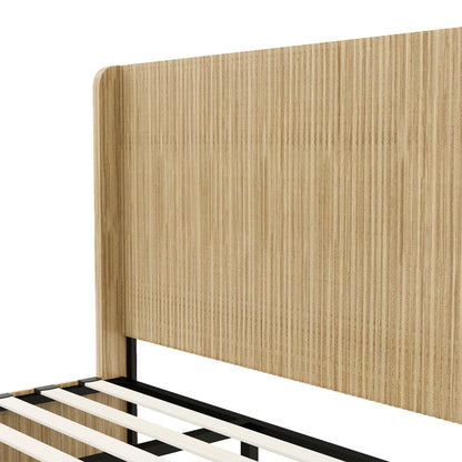 Close-up corner detail of fluted wood headboard grain and rounded edge