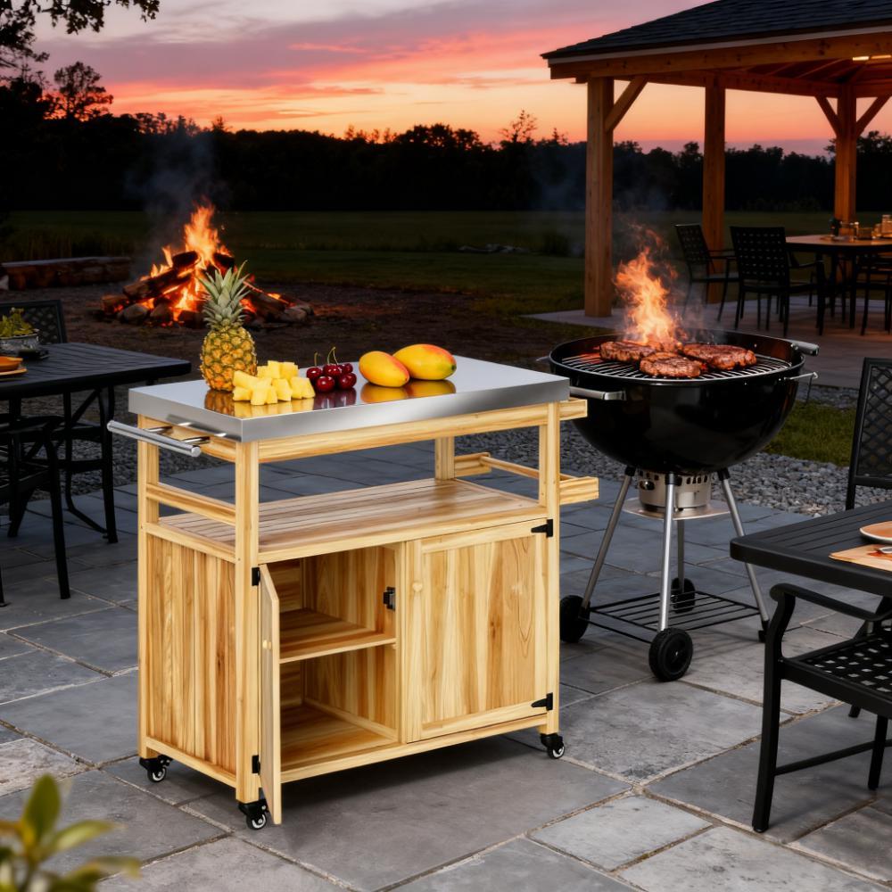 Natural Solid Wood Outdoor Kitchen Island with Wheels, 36.4 in Tall