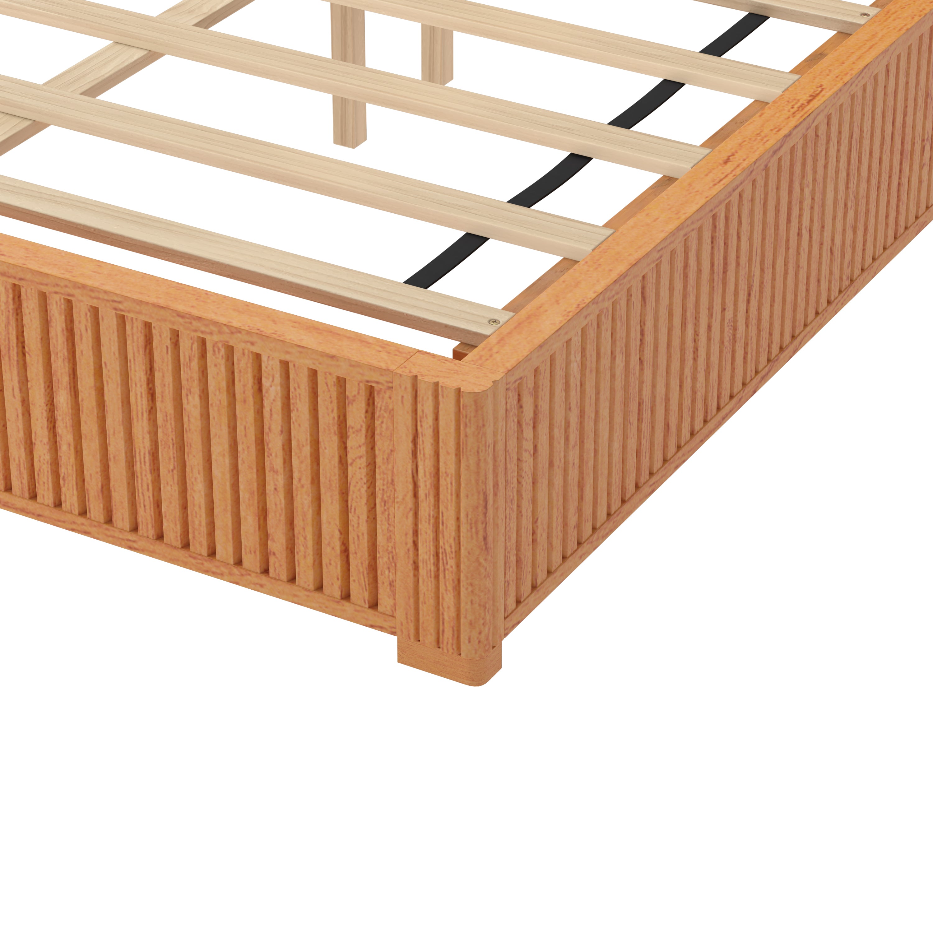 Overhead close-up of wood slats and center support beam