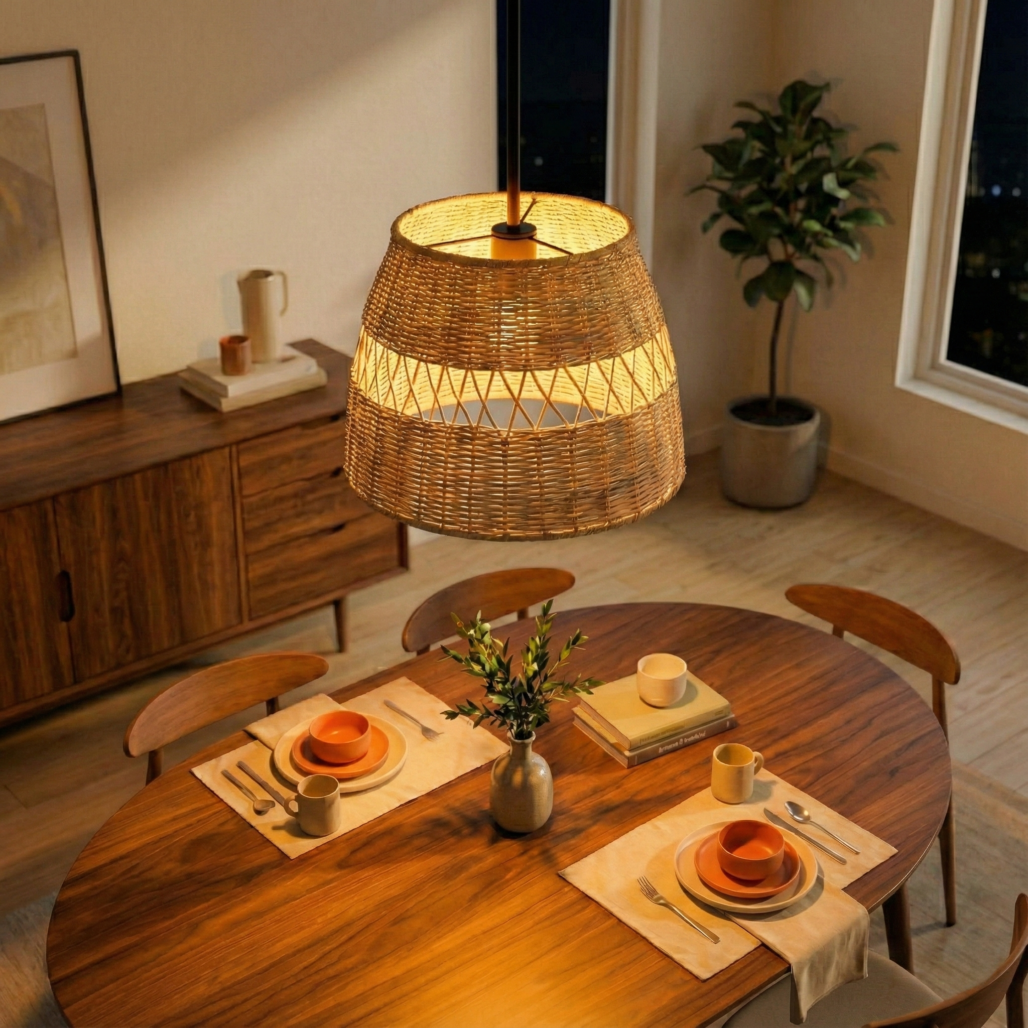 Pendant Light with Rattan Shade, Black Metal Finish