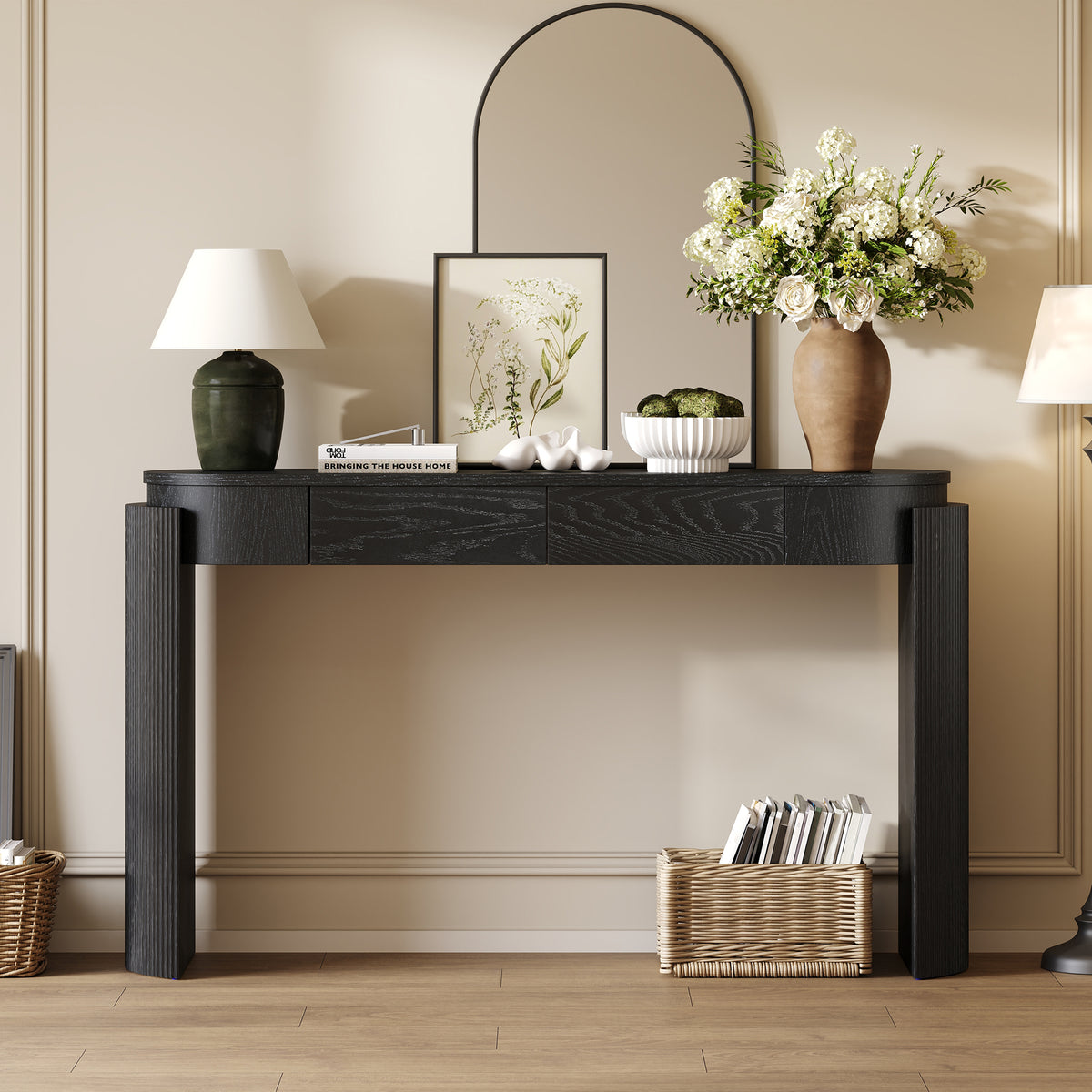 Black Oval Fluted Entryway Console Table, 2 Drawers, 55.1 in Wide