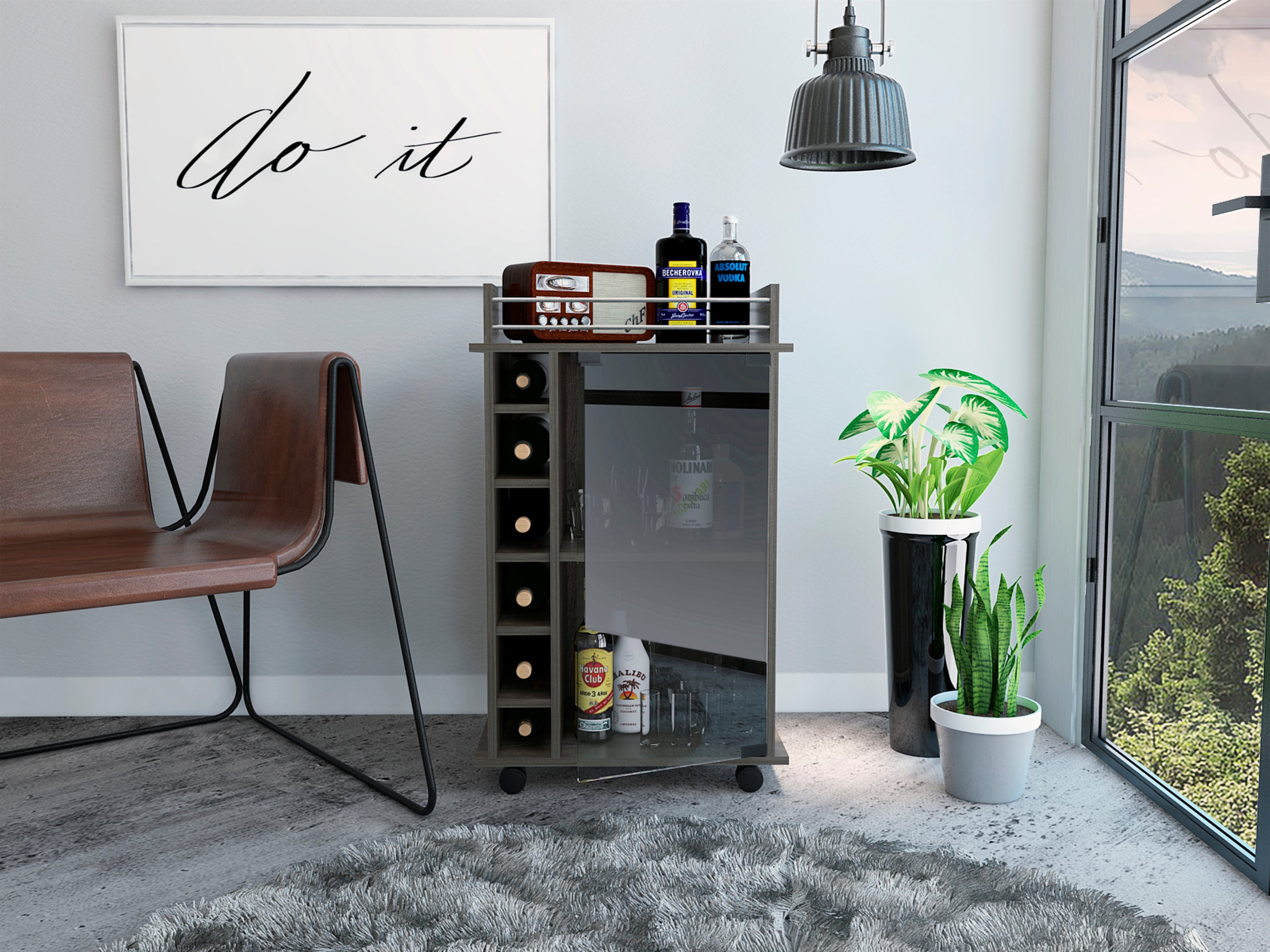 Espresso Bar Cart with Wine Rack, Glass-Door Cabinet & Casters