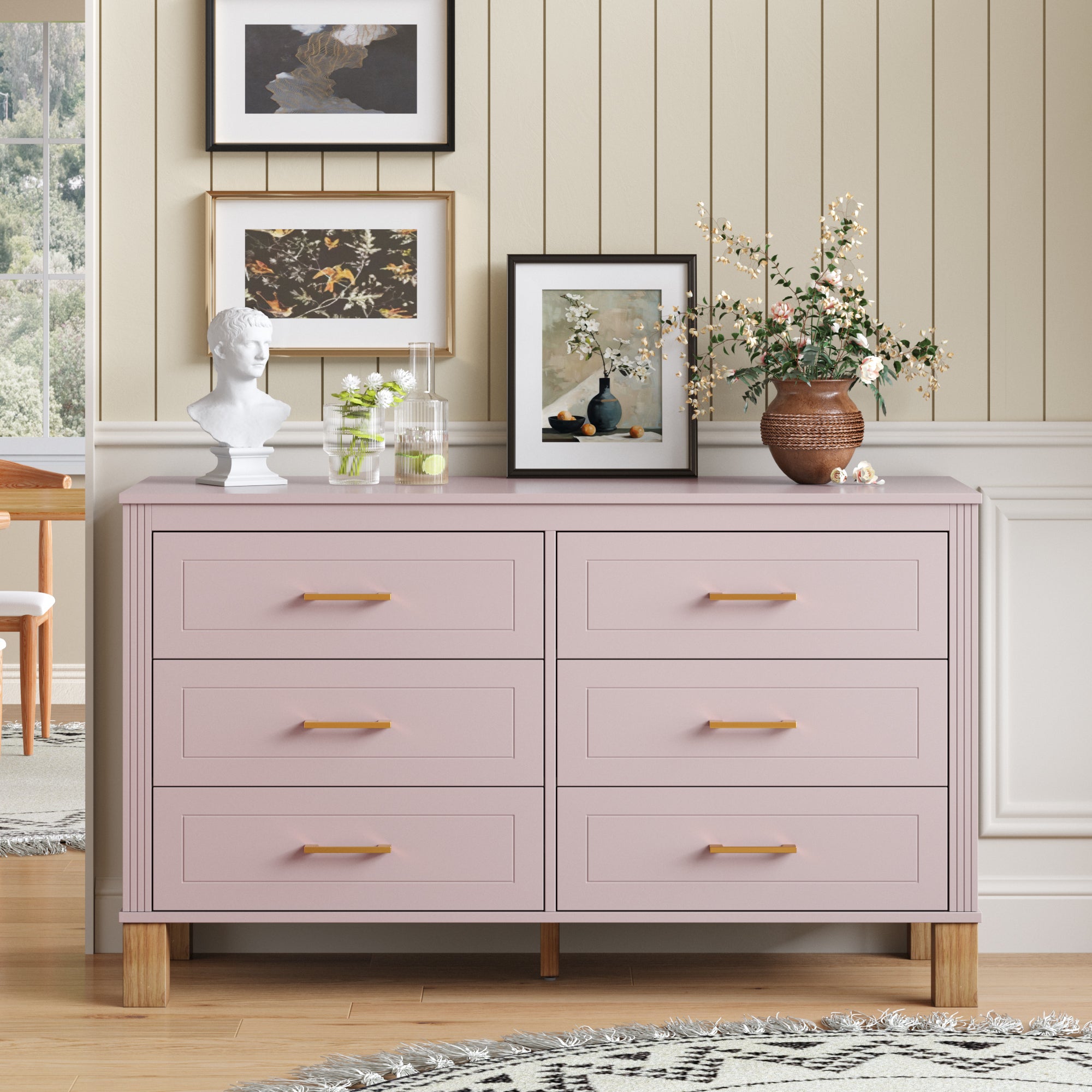 6 Drawer Pink Dresser with Metal Handles and Wood Legs