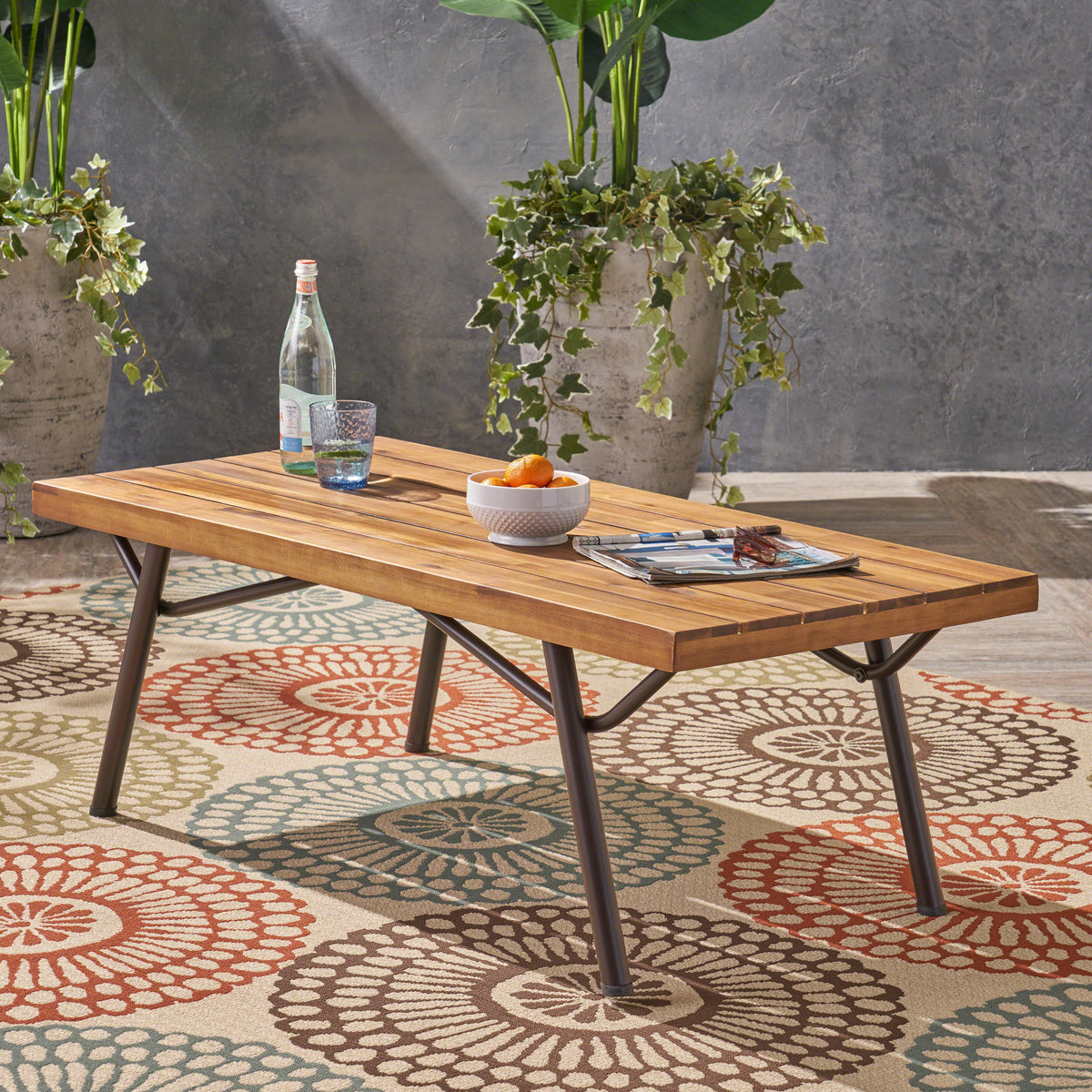 Teak Finish Solid Wood Outdoor Coffee Table, 50 in Wide