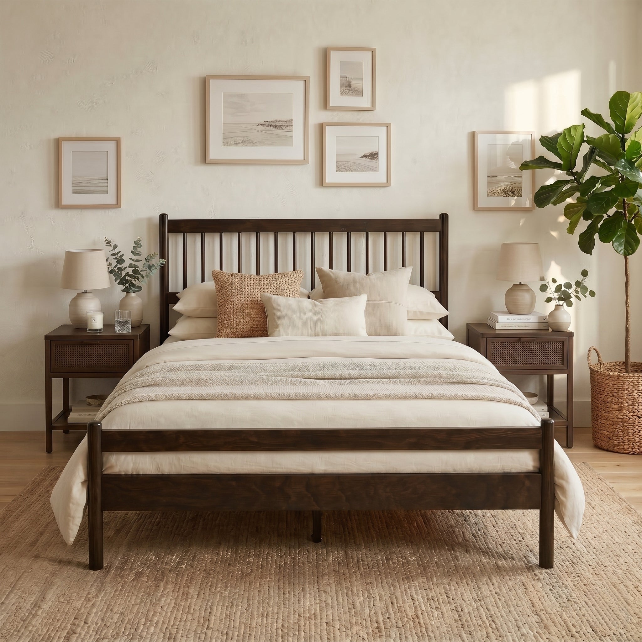 Front view of the brown pine queen bed frame with slatted Windsor headboard, a made bed and two wood nightstands #Color_Brown