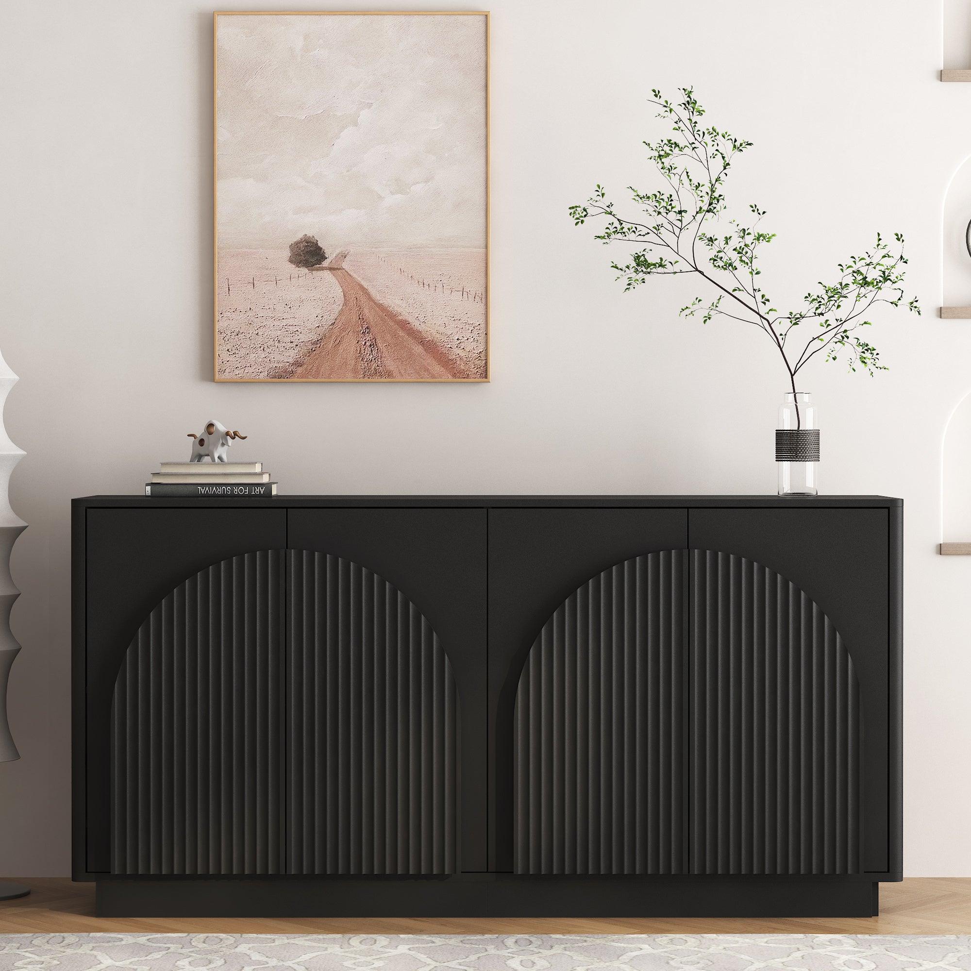 Black Arched Fluted Sideboard 65 in, 4 Doors, Adjustable Shelves