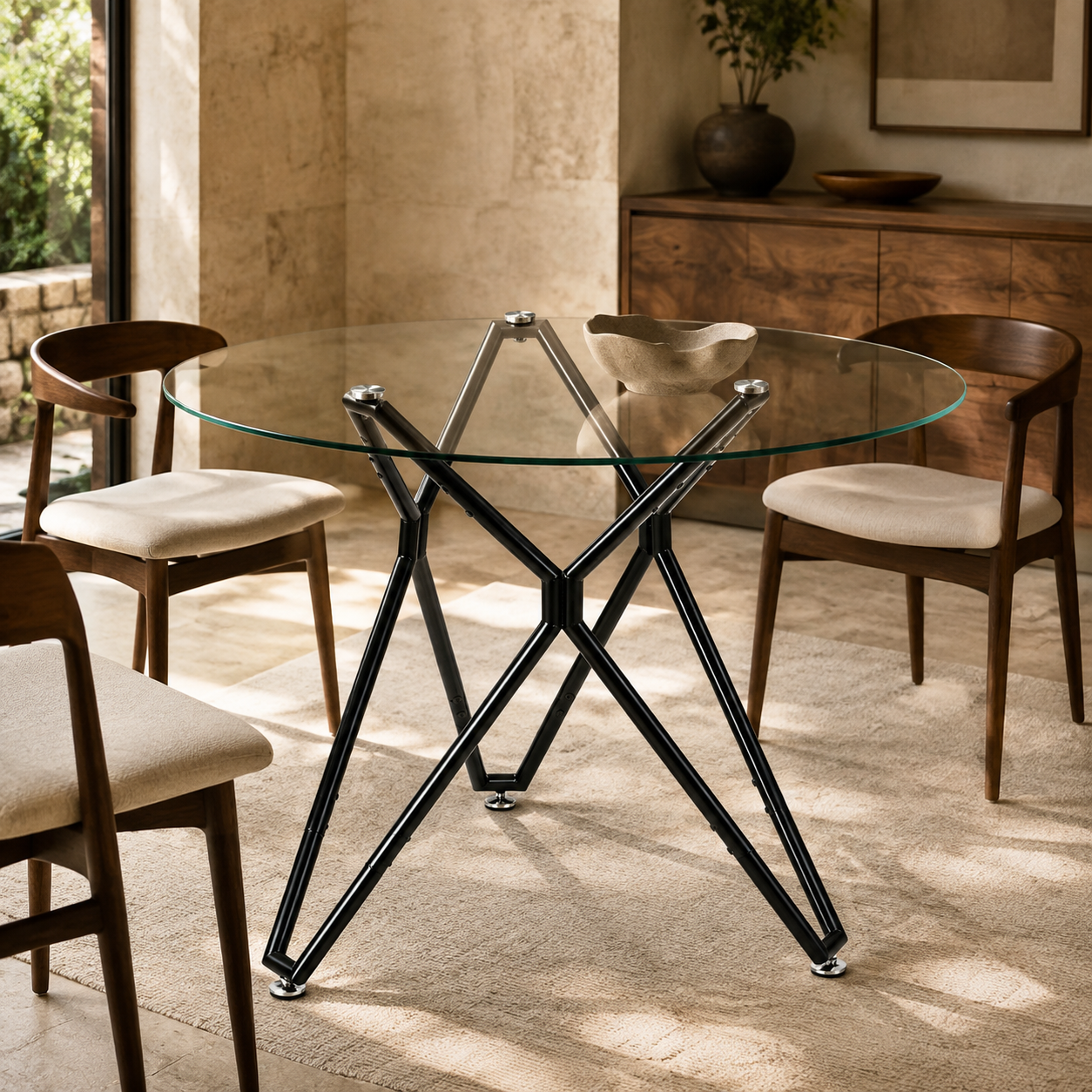 Round Glass Dining Table, Black - 35.4-Inch, Metal Legs