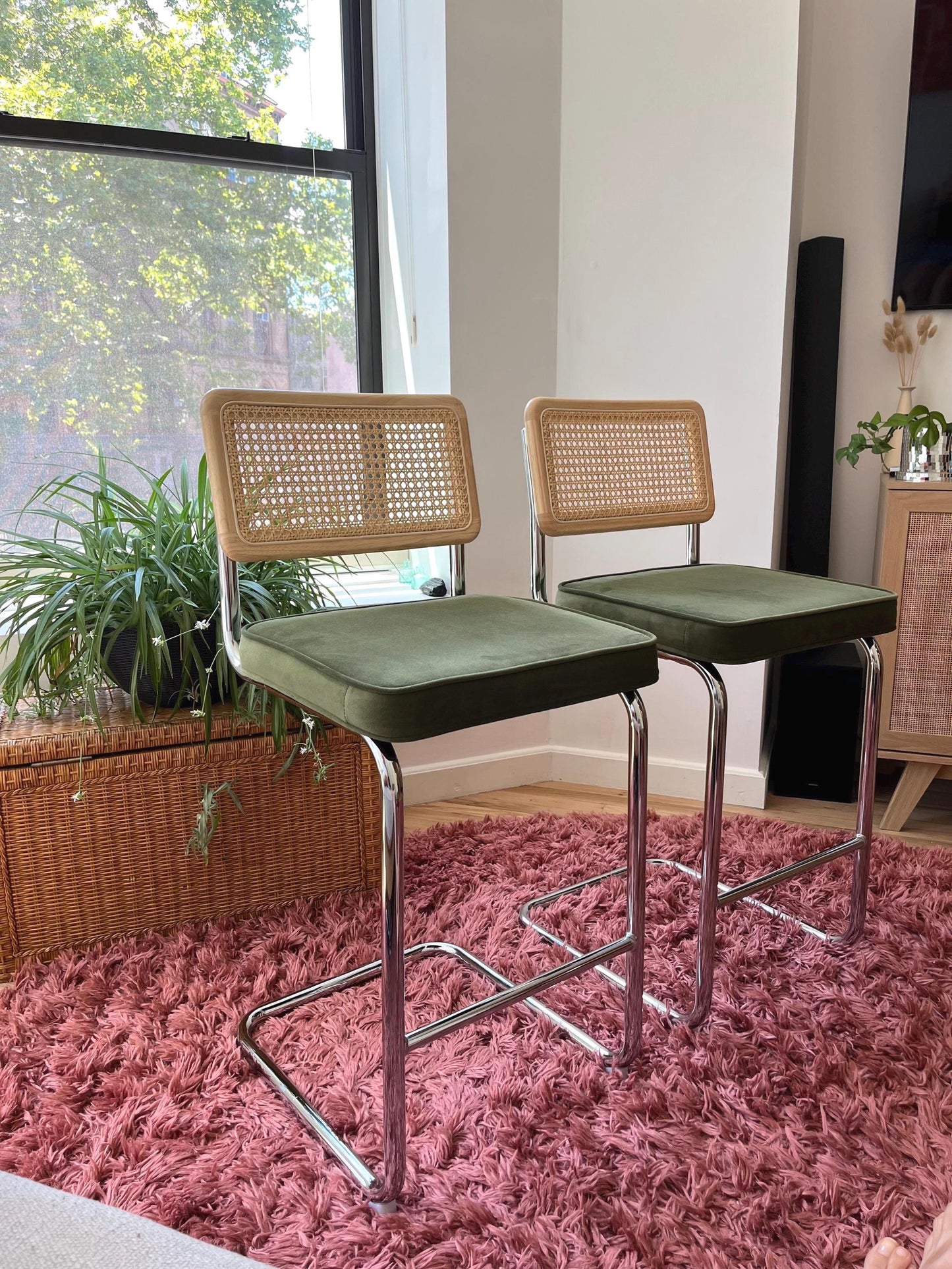 Rattan Counter Stools Set of 2 – Stainless Steel Legs & Green Velvet