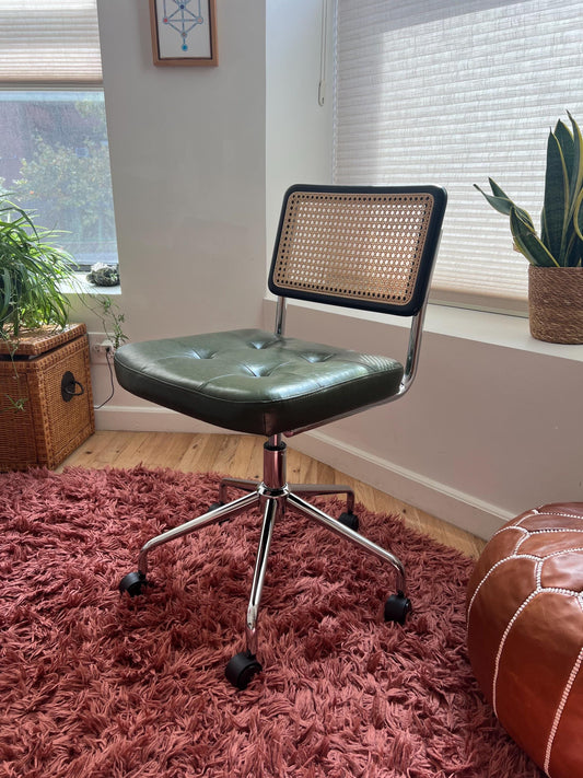 Mid Century Modern Office Chair – Rattan, Vegan Leather & Stainless Steel