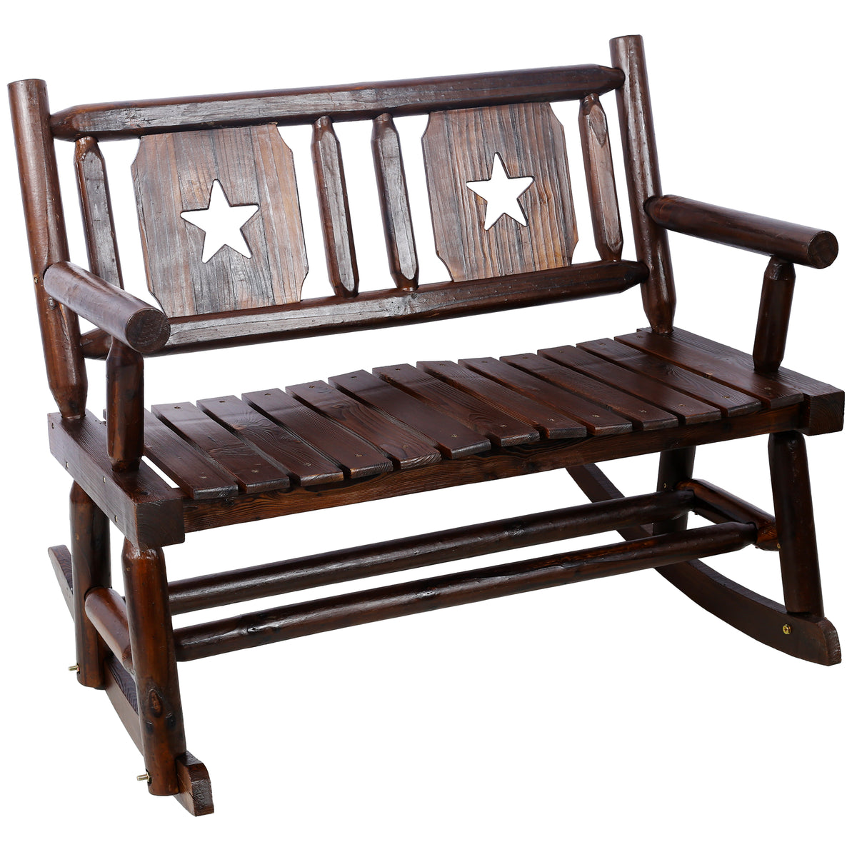 Brown Solid Wood Outdoor Rocking Bench for 2