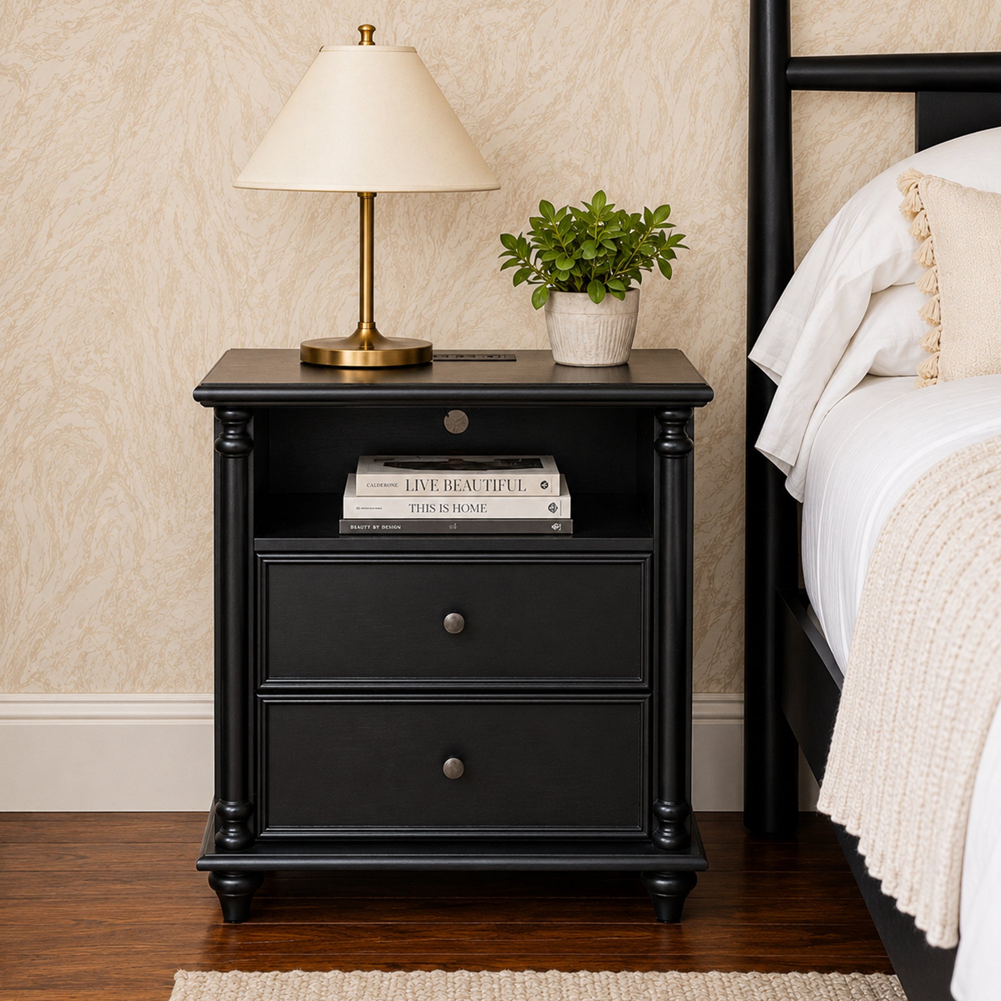 28 in Black Nightstand with Charging Station, 2 Drawers