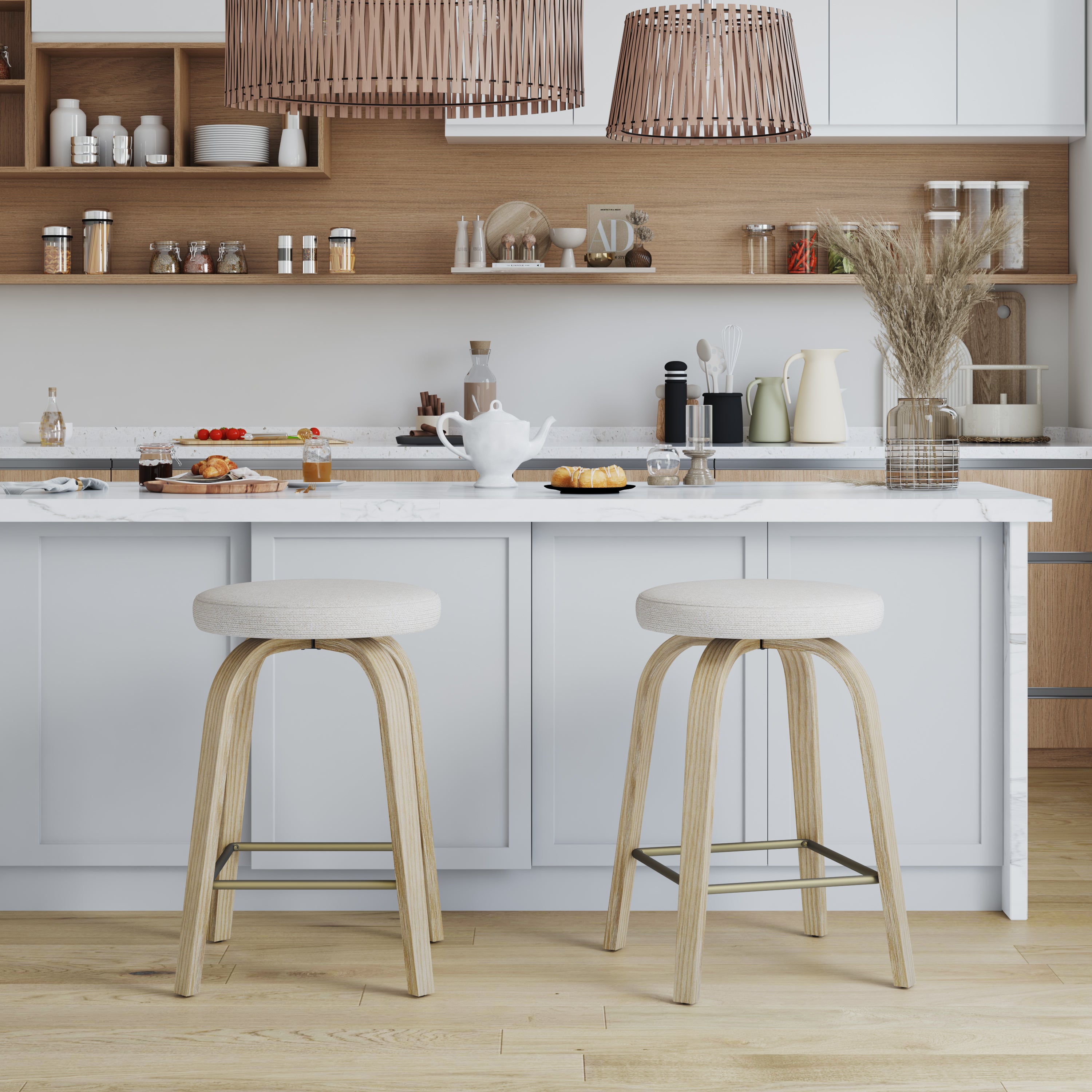 Swivel Counter Stools Set of 2, Backless Beige, Wood Legs