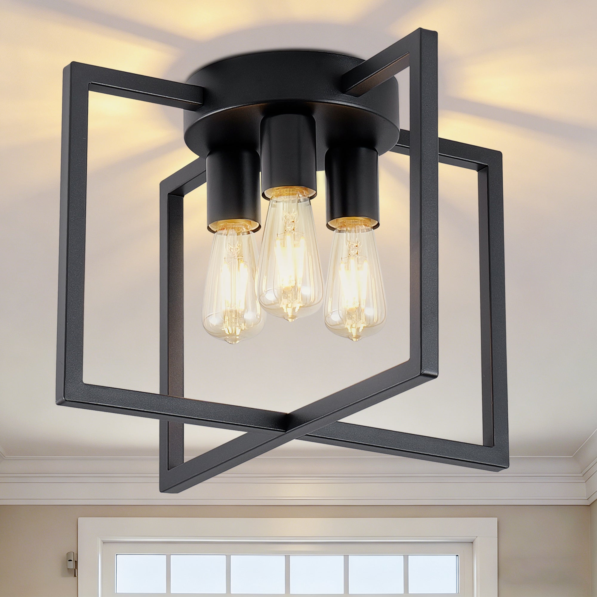 Chandelier, Semi-Flush 3-Light with Geometric Iron Shade, Black