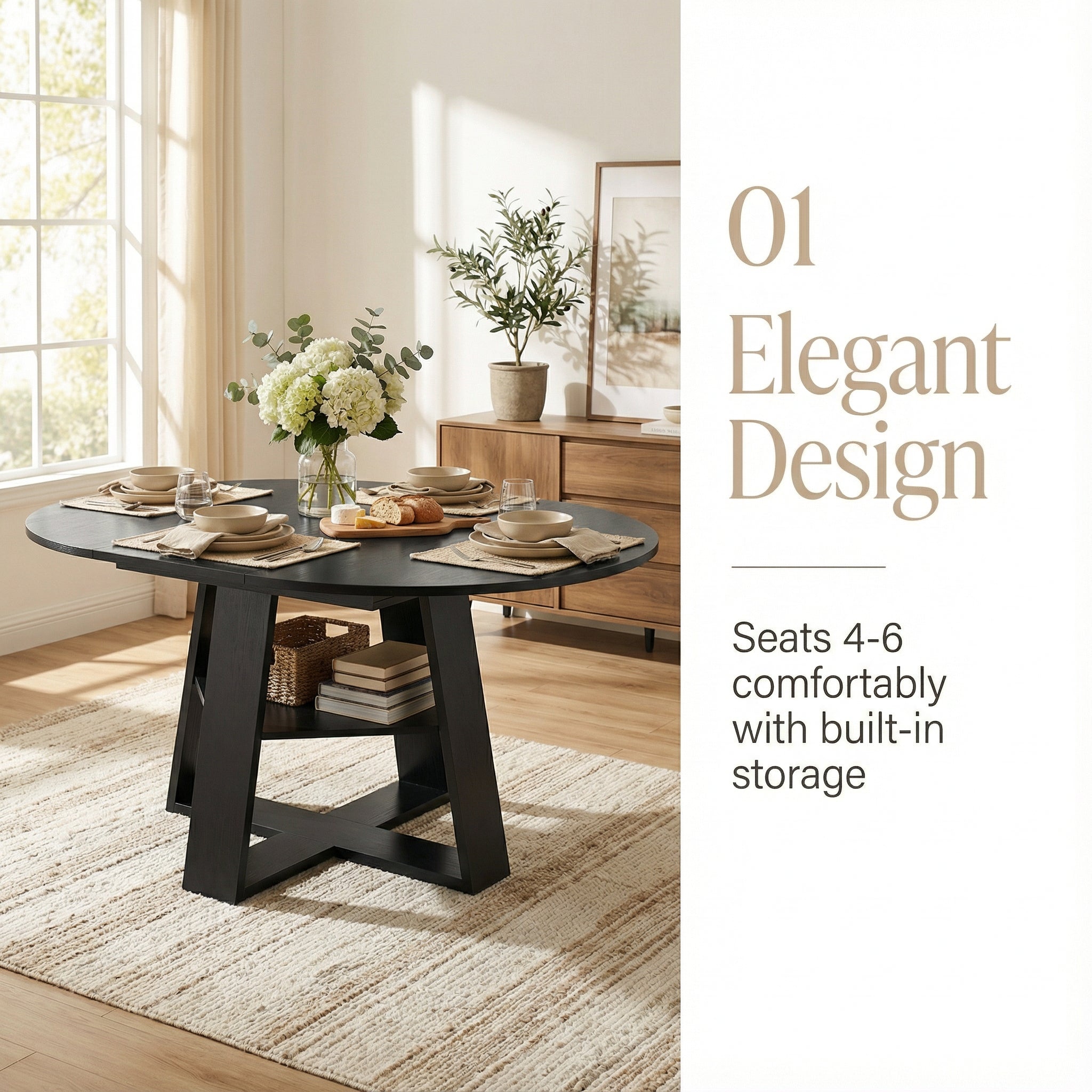 Feature graphic on elegant design seating four to six with built-in storage