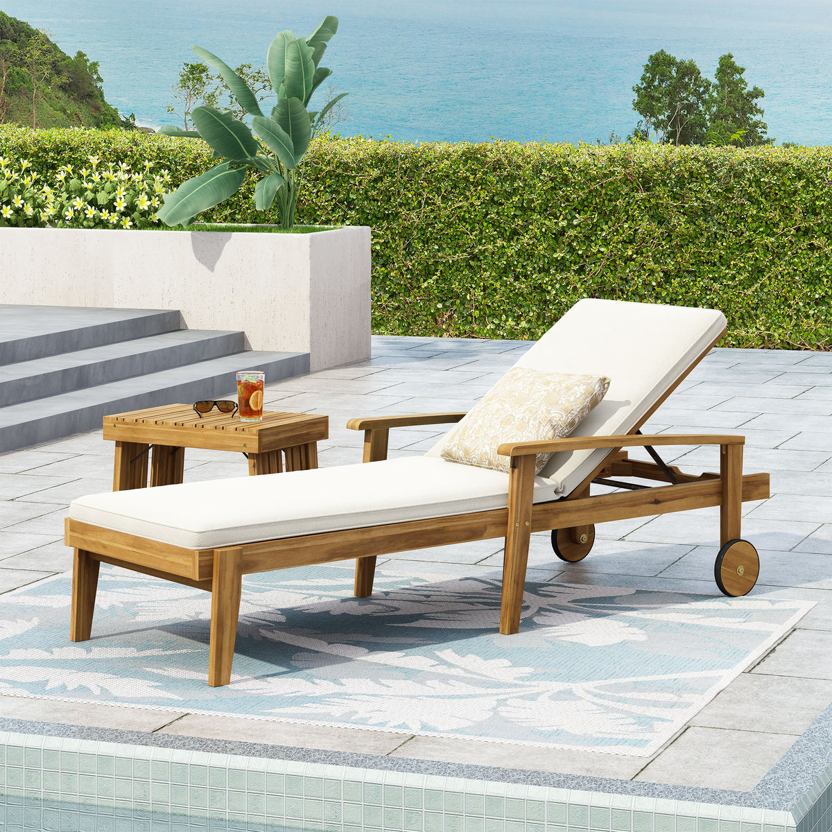 Teak Finish Solid Wood Outdoor Chaise Lounge