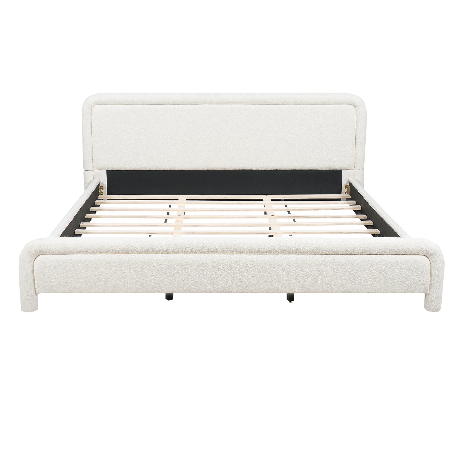 Front view of white boucle king bed frame showing rounded footboard