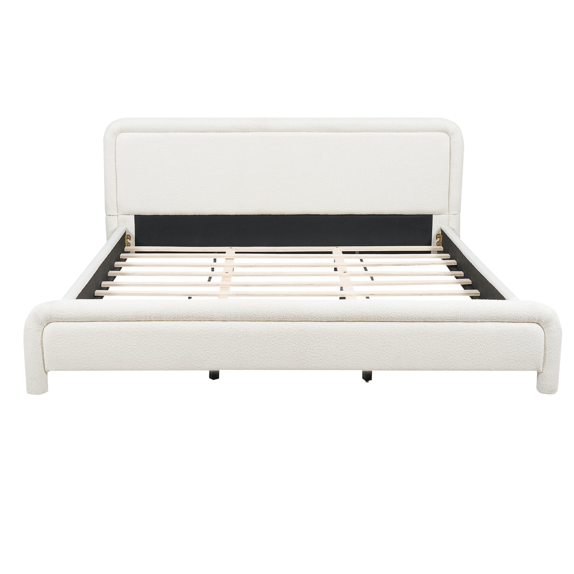 Front view of white boucle king bed frame showing rounded footboard