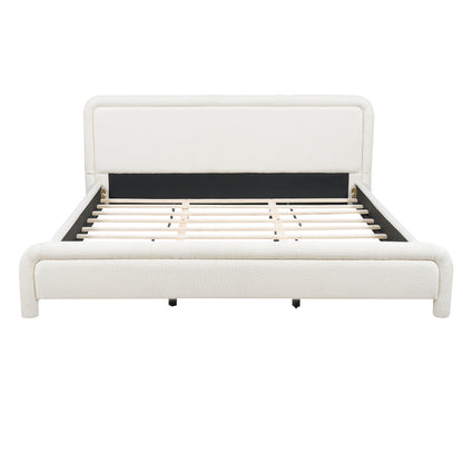 Front view of white boucle king bed frame showing rounded footboard