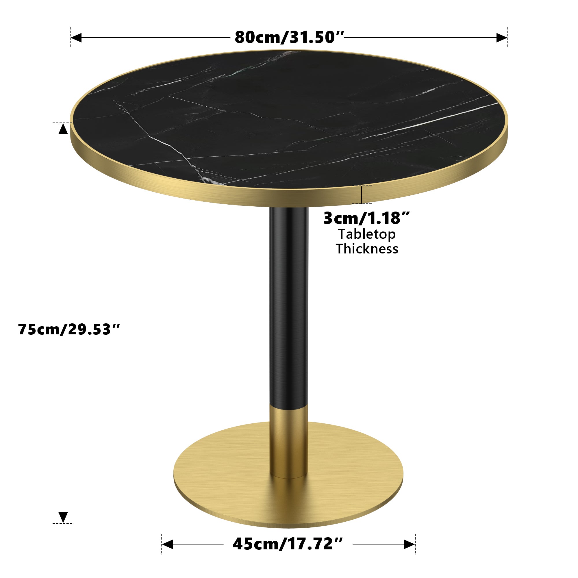 Dimension diagram of the round dining table showing 31.50 in top, 29.53 in height, 17.72 in base, 1.18 in thickness