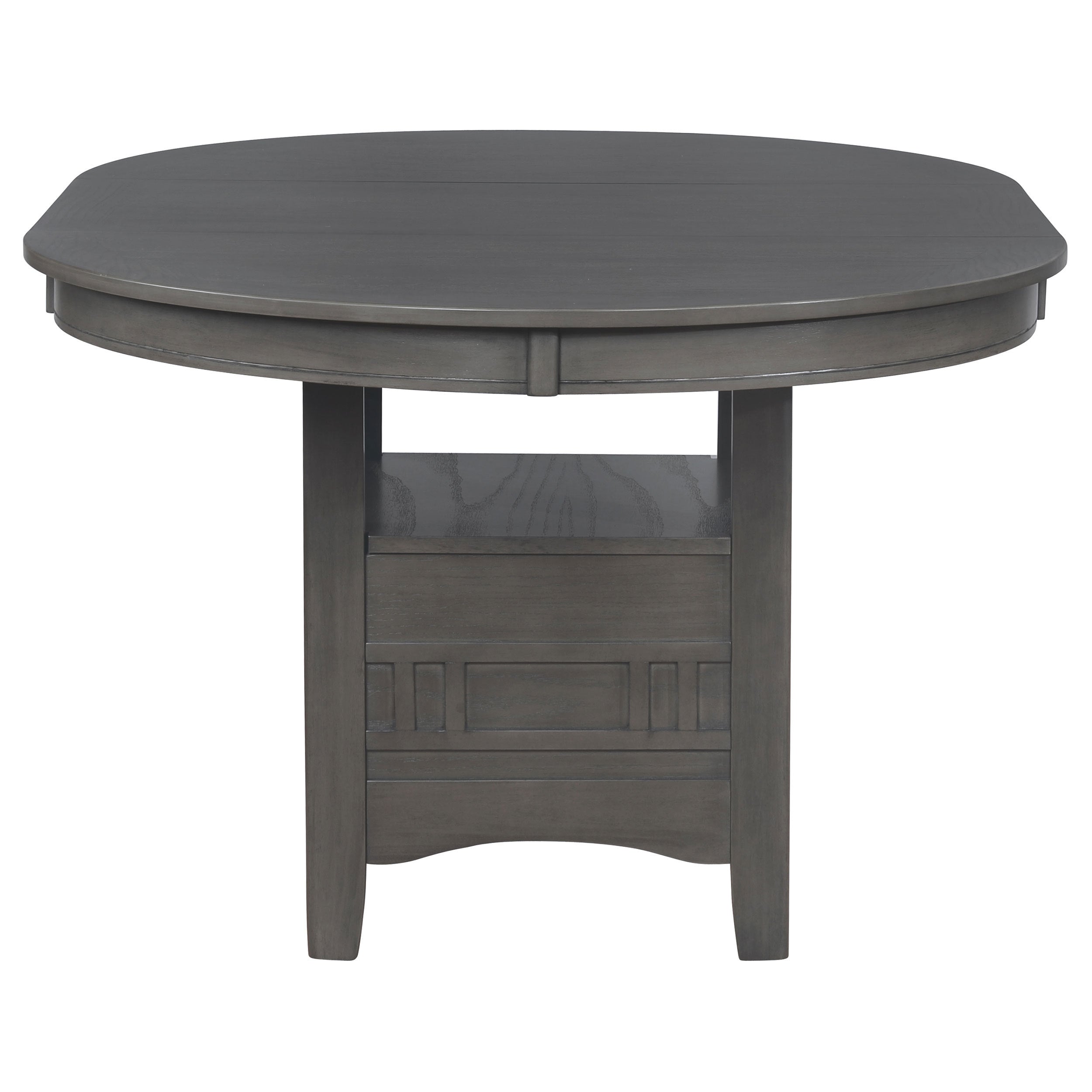 Grey dining table with the leaf removed, front view of the storage pedestal on white