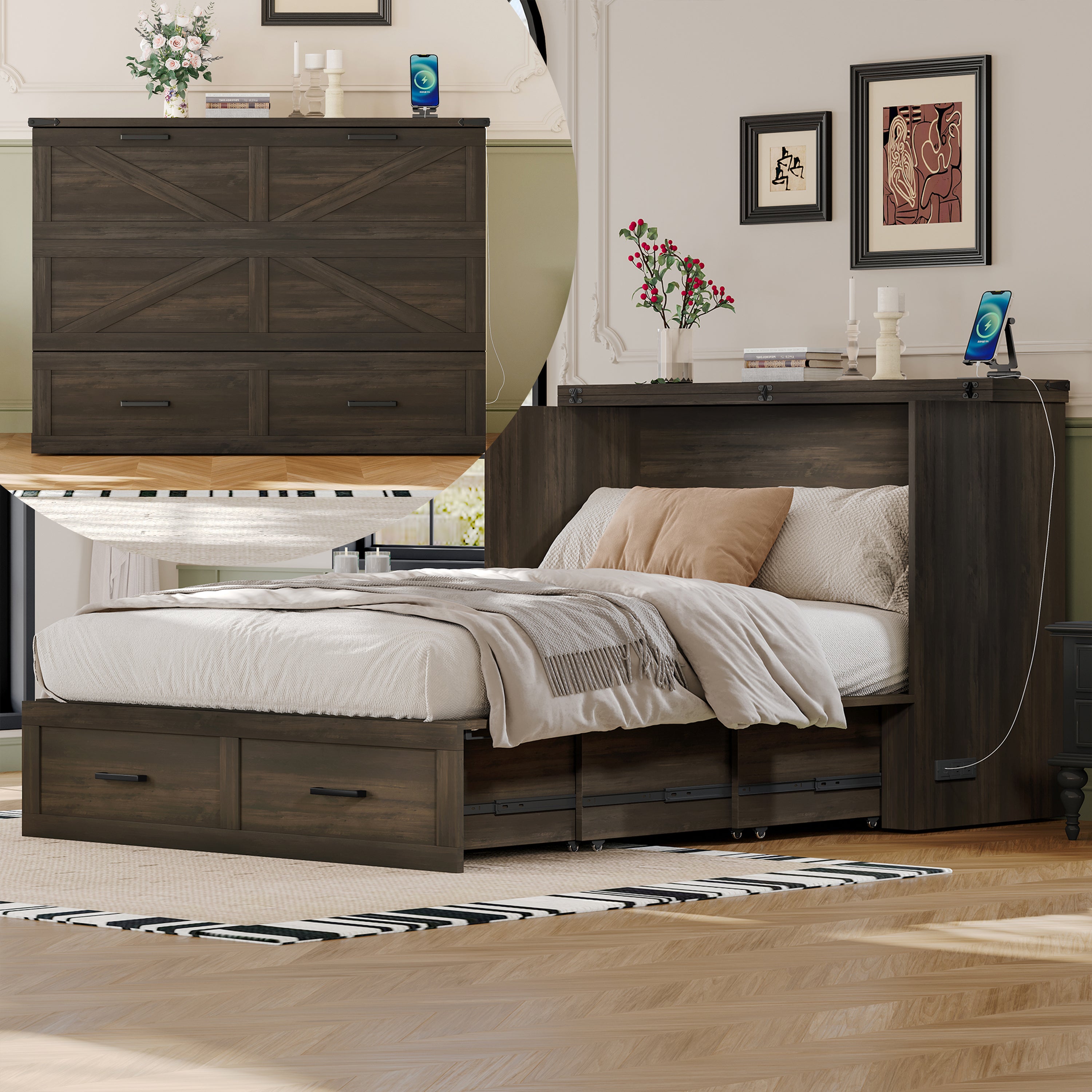Full Size Farmhouse Cabinet Bed with Storage Drawer, Gray