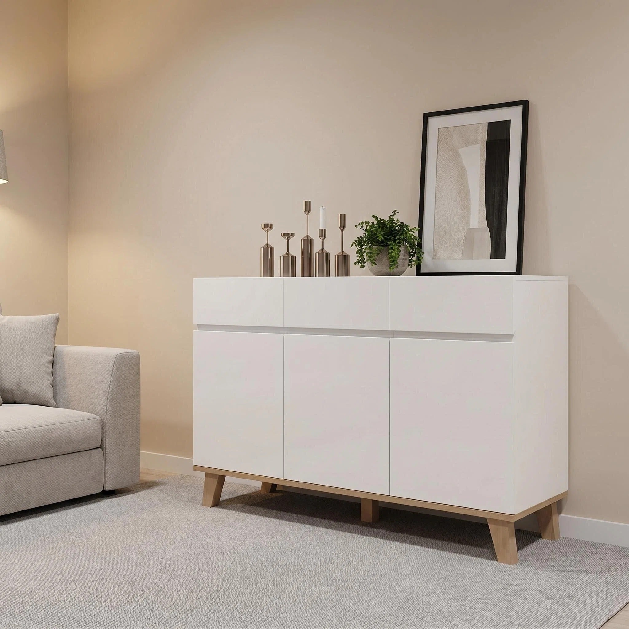 3 Drawer Dresser with 3 Cabinet Doors, 53in Wide, White