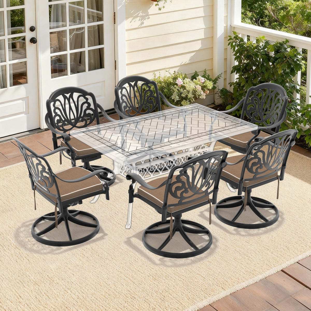 Black Aluminum Outdoor Swivel Chair with Brown Cushions, Set of 6