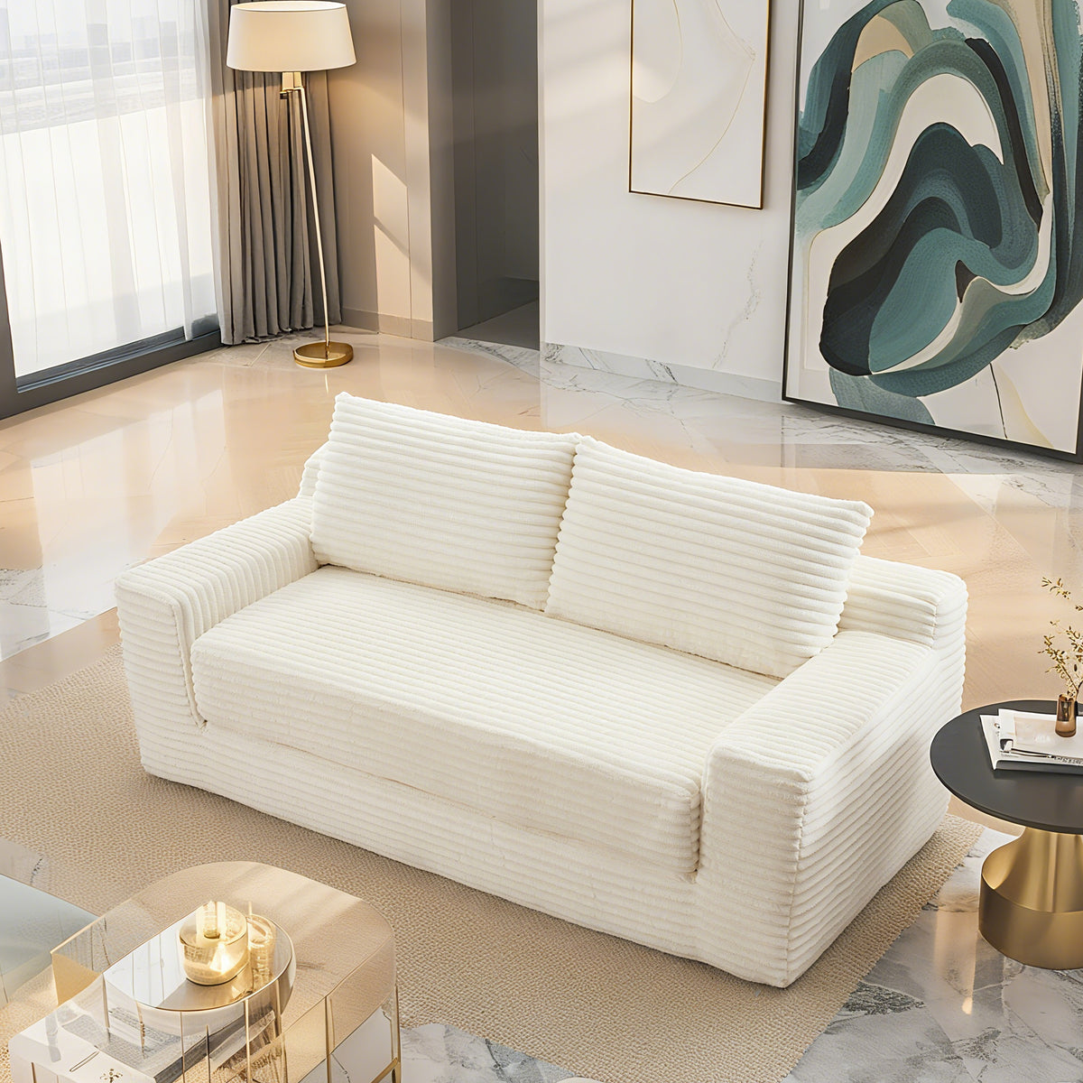 Beige Corduroy Sleeper Loveseat, No Assembly, 72.1 in Wide