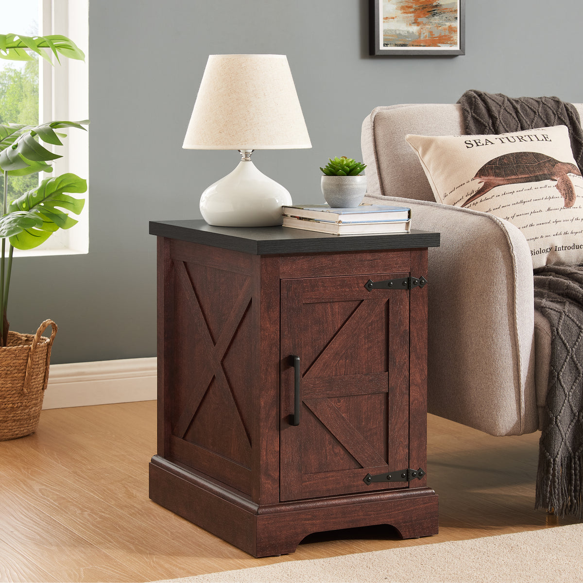 Oak Rectangular Side Table with Storage, 21.7 in