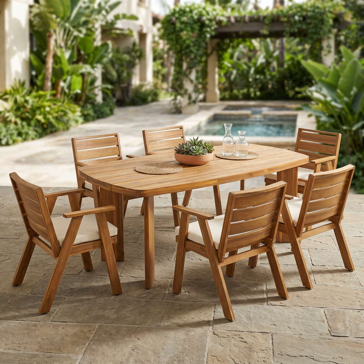 Teak Finish Solid Wood 7-Piece Patio Dining Set for 6 with Beige Cushions