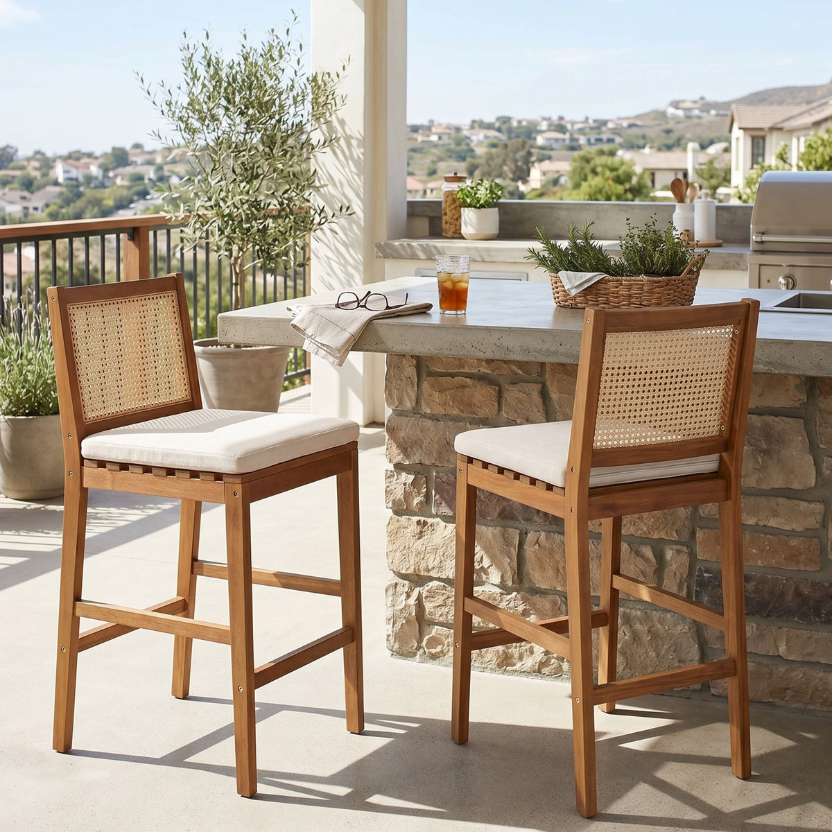 Teak Finish Solid Wood Outdoor Bar Stool with Cushions, Set of 2, 42.2 in Tall