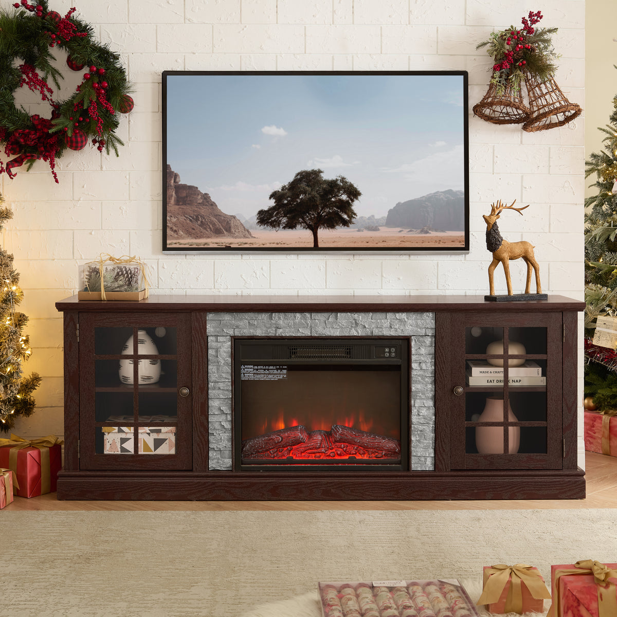 Cherry Fireplace TV Stand for TVs up to 75 in, 70.1 in Wide