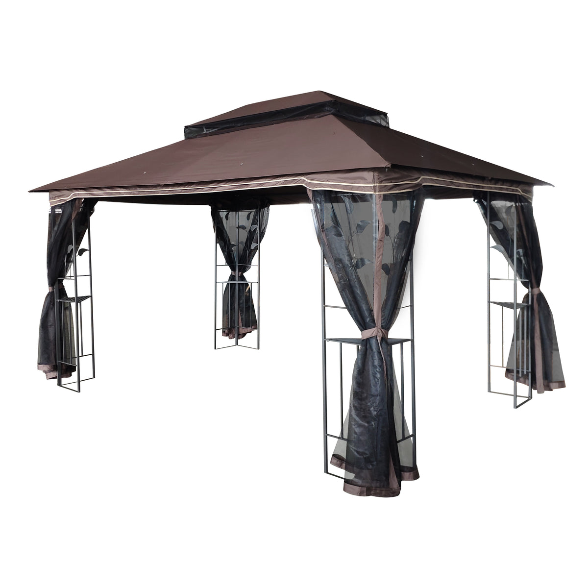 10x13 ft Brown Metal Double Roof Patio Gazebo with Netting