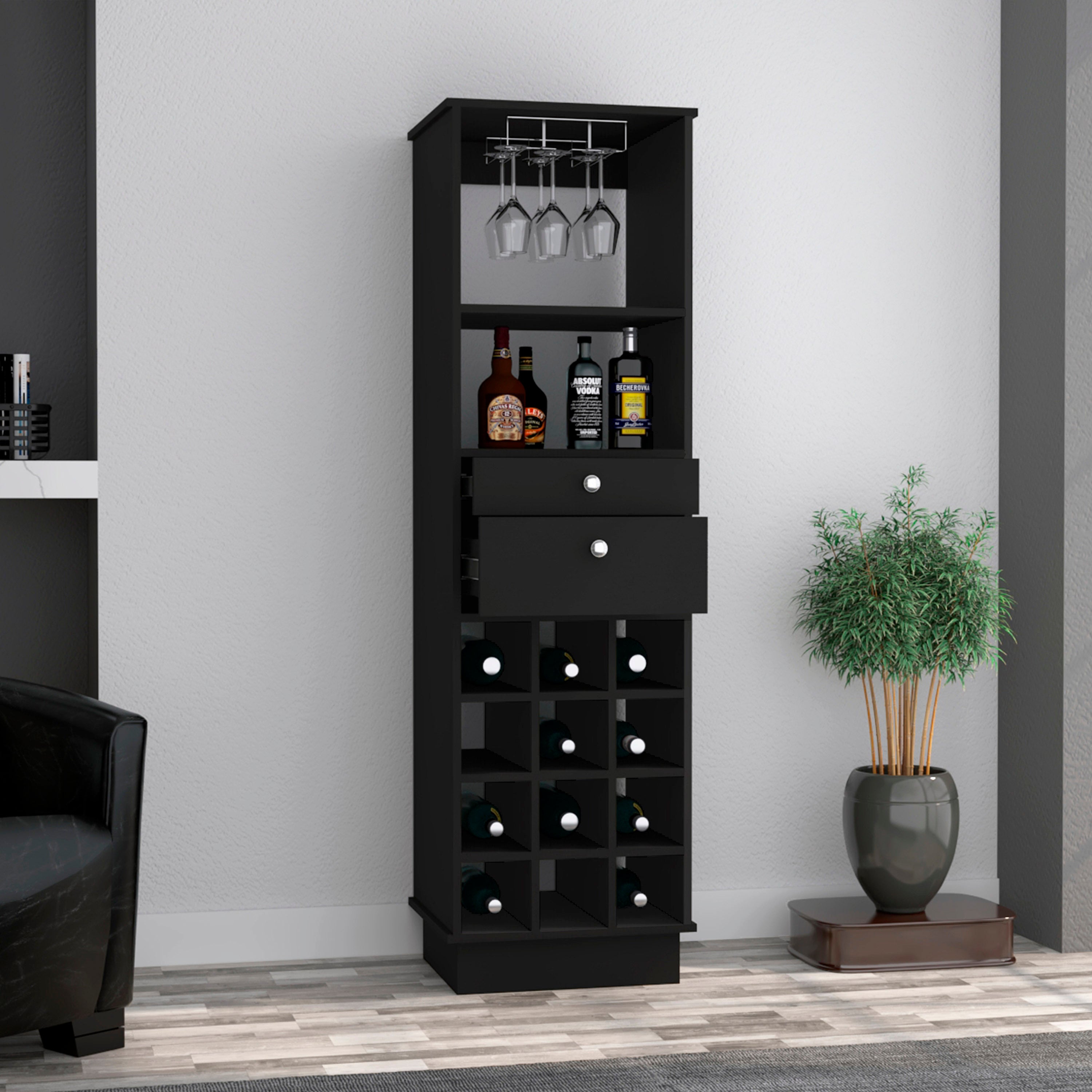 Modern Bar Cabinet, Black, 12-Bottle Wine Rack and 2 Drawers
