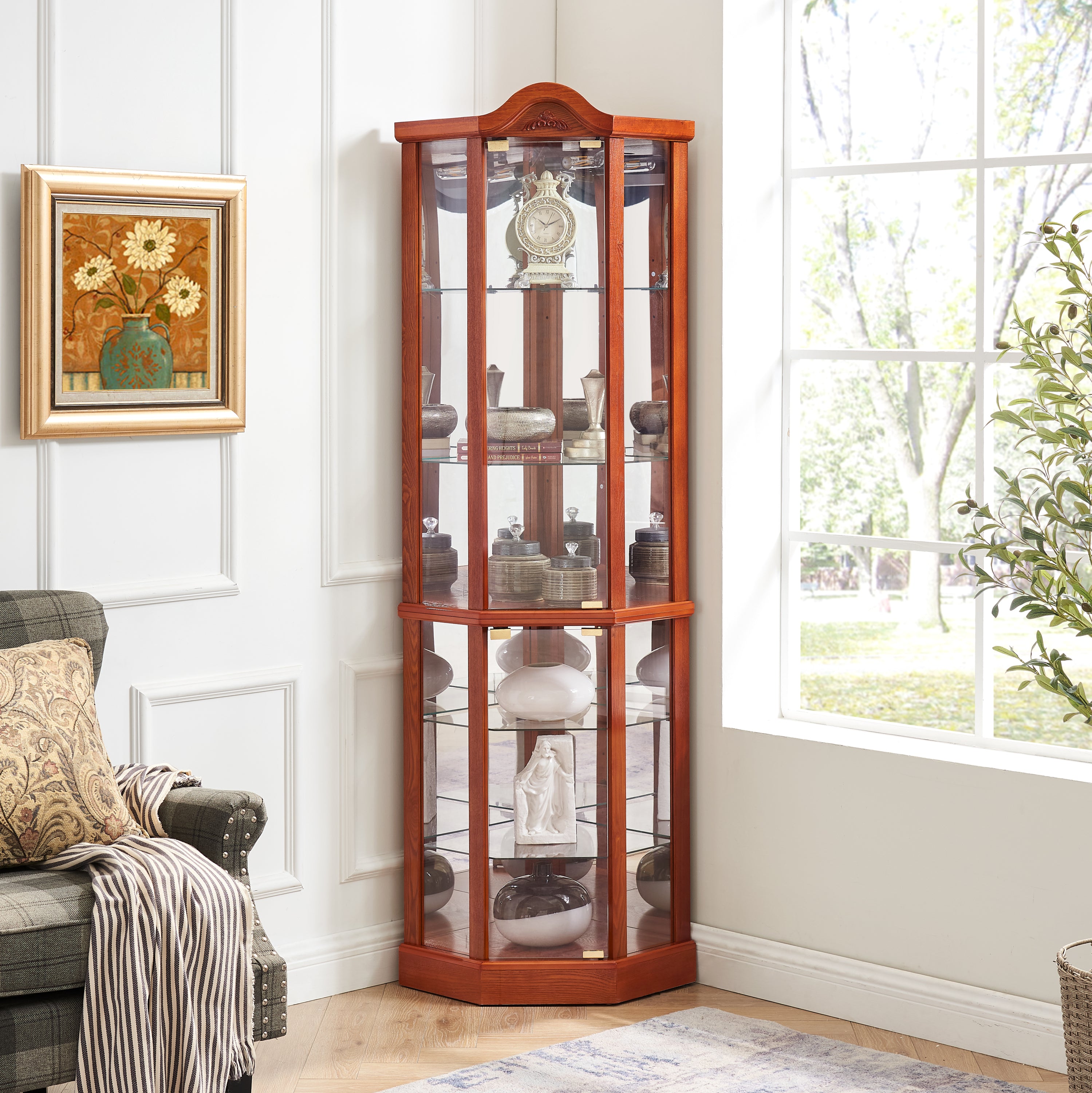 Lighted Corner Curio Cabinet with Glass Doors, 72 in, Oak